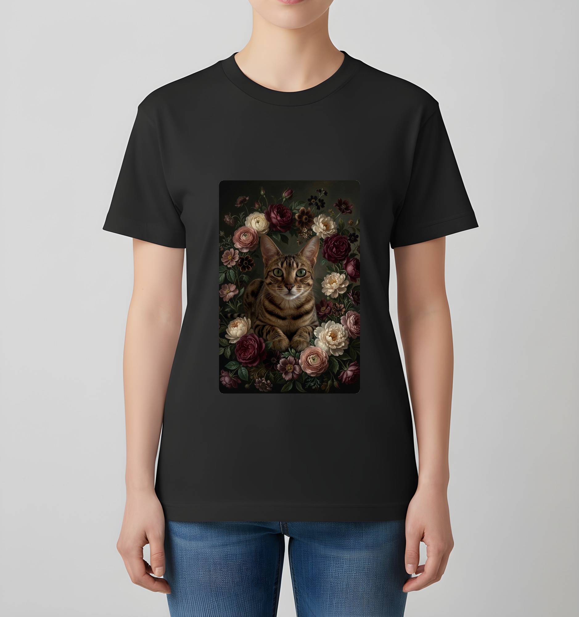 オシキャットの花の油絵風アート花柄Tシャツ(ブラック)(4枚目)