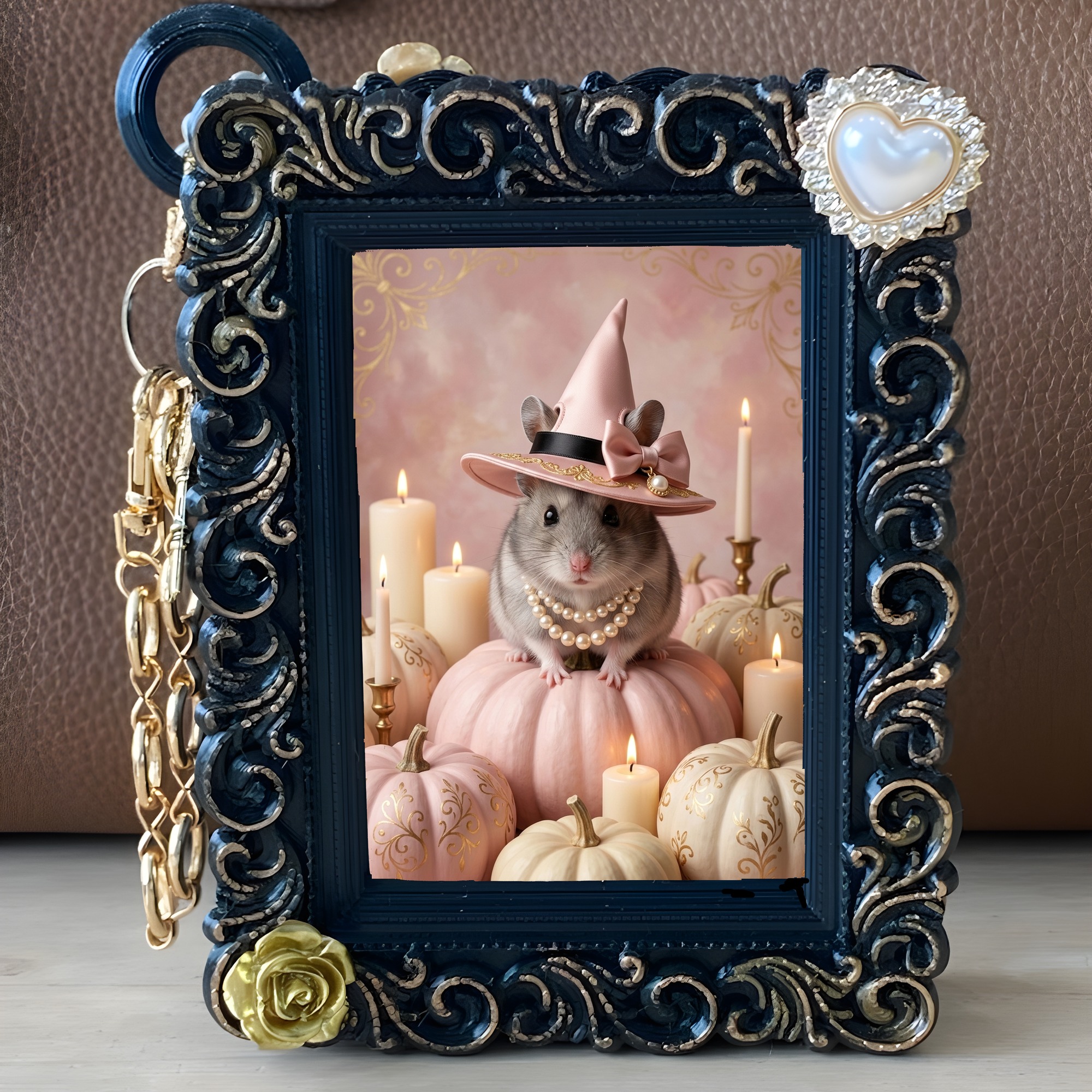 サファイアハムスターのかぼちゃとキャンドルの油絵風アートハロウィンバッグチャーム(ブラック)(5枚目)