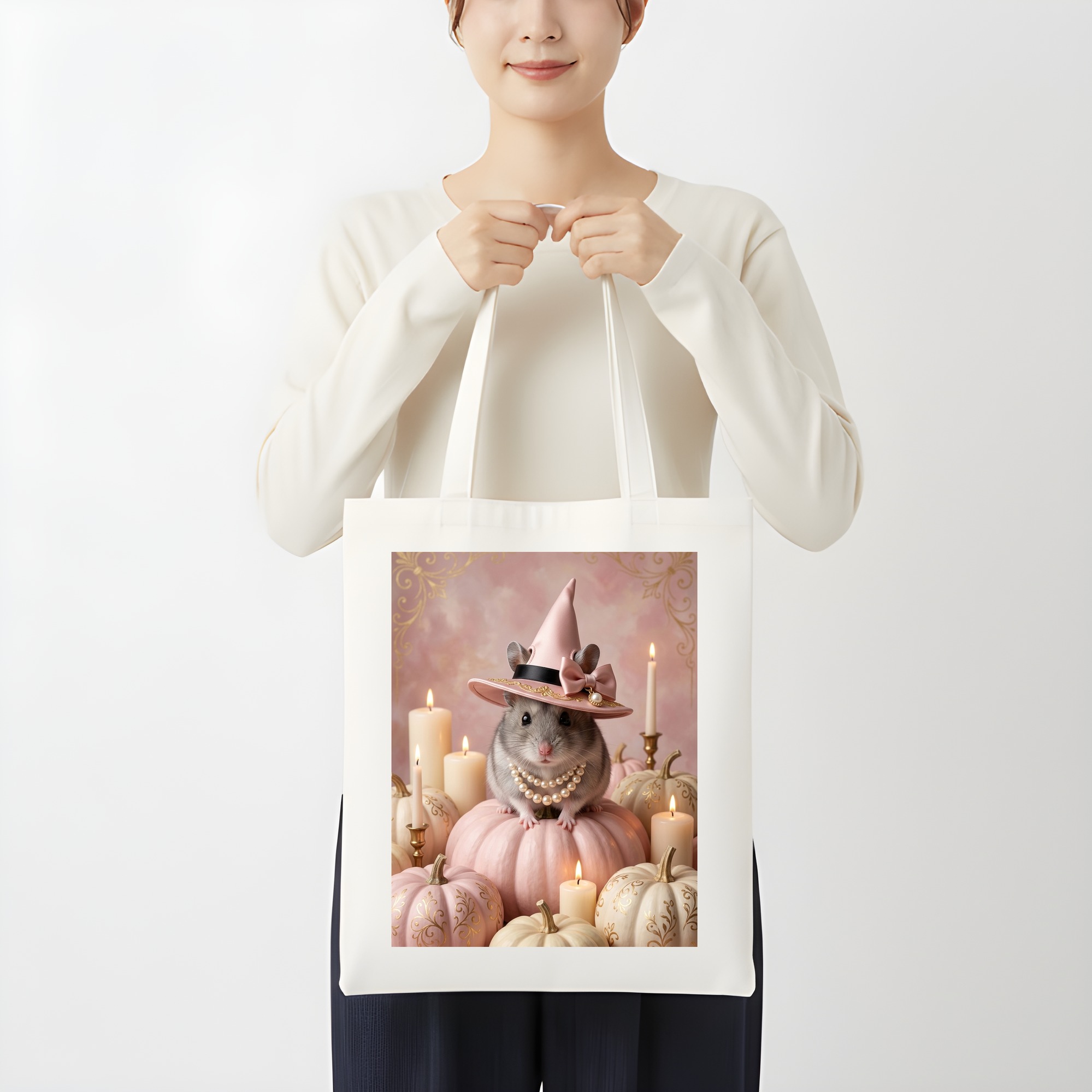 サファイアハムスターのかぼちゃとキャンドルの油絵風アートハロウィントートバッグ（3枚目）