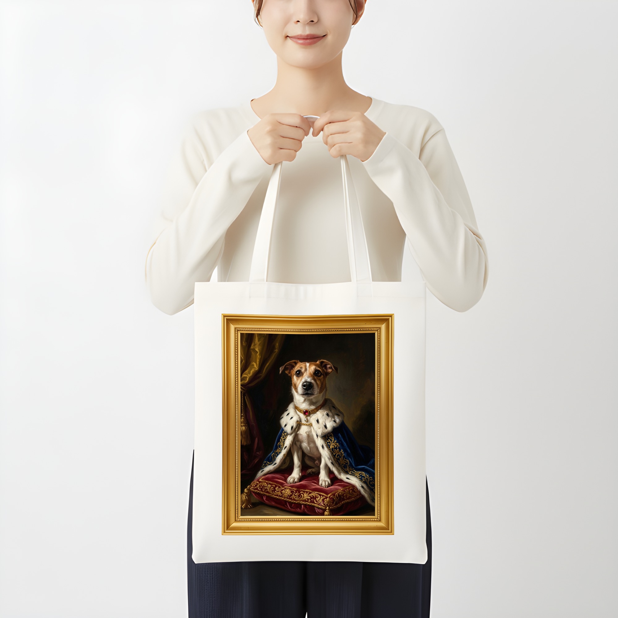 ジャックラッセルテリアのルネサンス肖像画トートバッグ(カラープリント・額縁デザインあり)(3枚目)