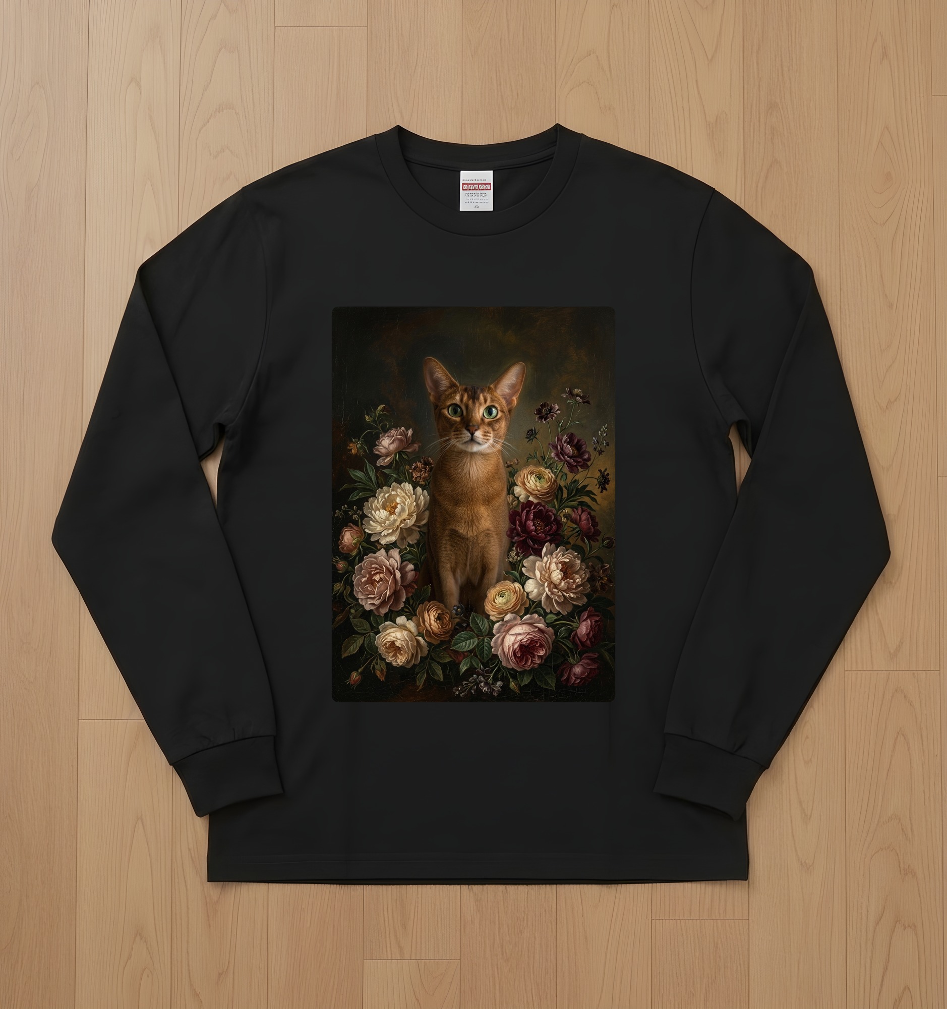 アビシニアンの花の油絵風アート花柄長袖Tシャツ(ブラック)