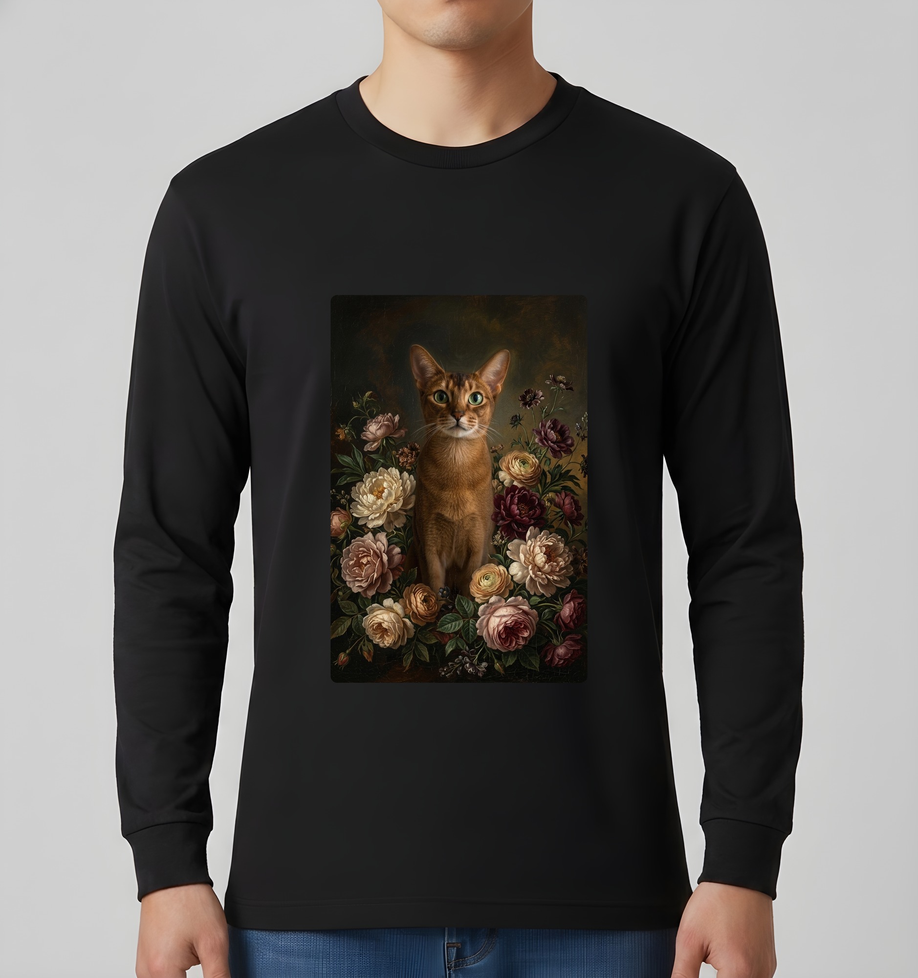 アビシニアンの花の油絵風アート花柄長袖Tシャツ(ブラック)(3枚目)