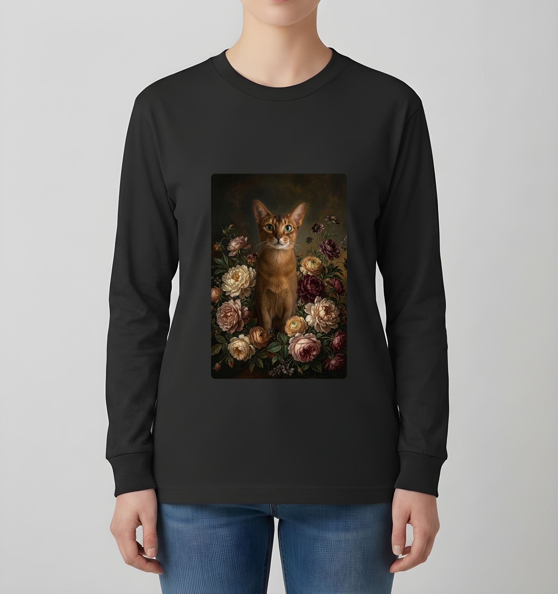 アビシニアンの花の油絵風アート花柄長袖Tシャツ(ブラック)(4枚目)