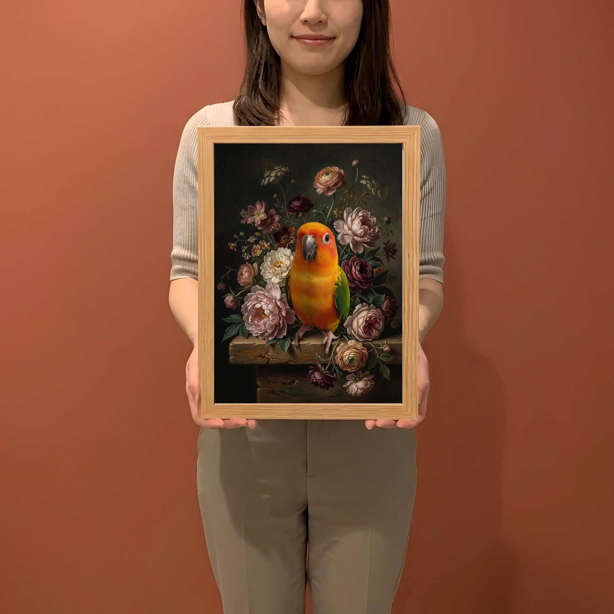 コガネメキシコインコの花の油絵風アート花柄額装プリント（A4サイズ）（2枚目）