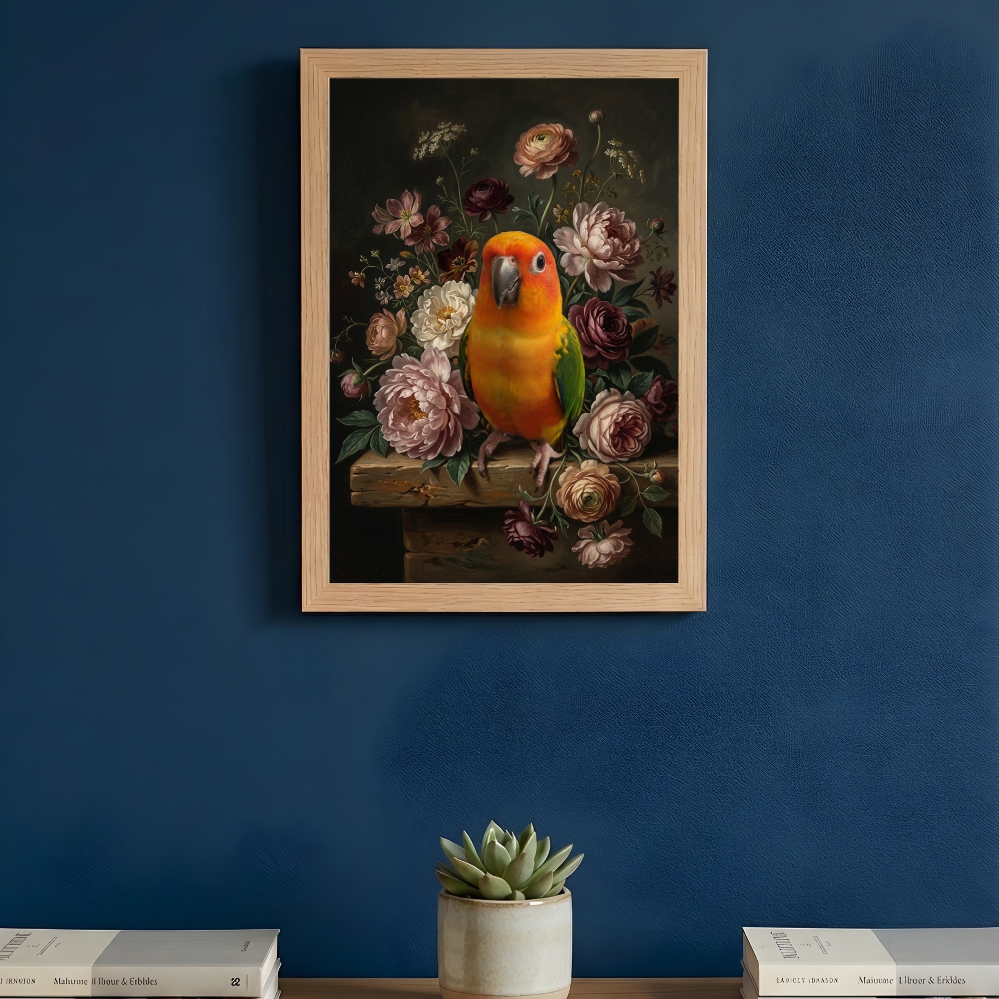 コガネメキシコインコの花の油絵風アート花柄額装プリント（A4サイズ）（3枚目）