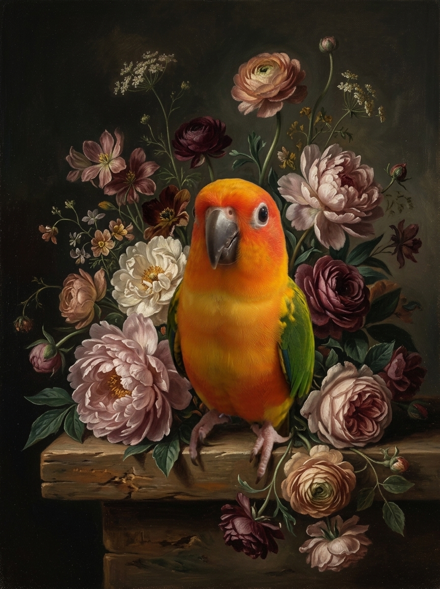 コガネメキシコインコの花の油絵風アート花柄額装プリント（A4サイズ）（4枚目）