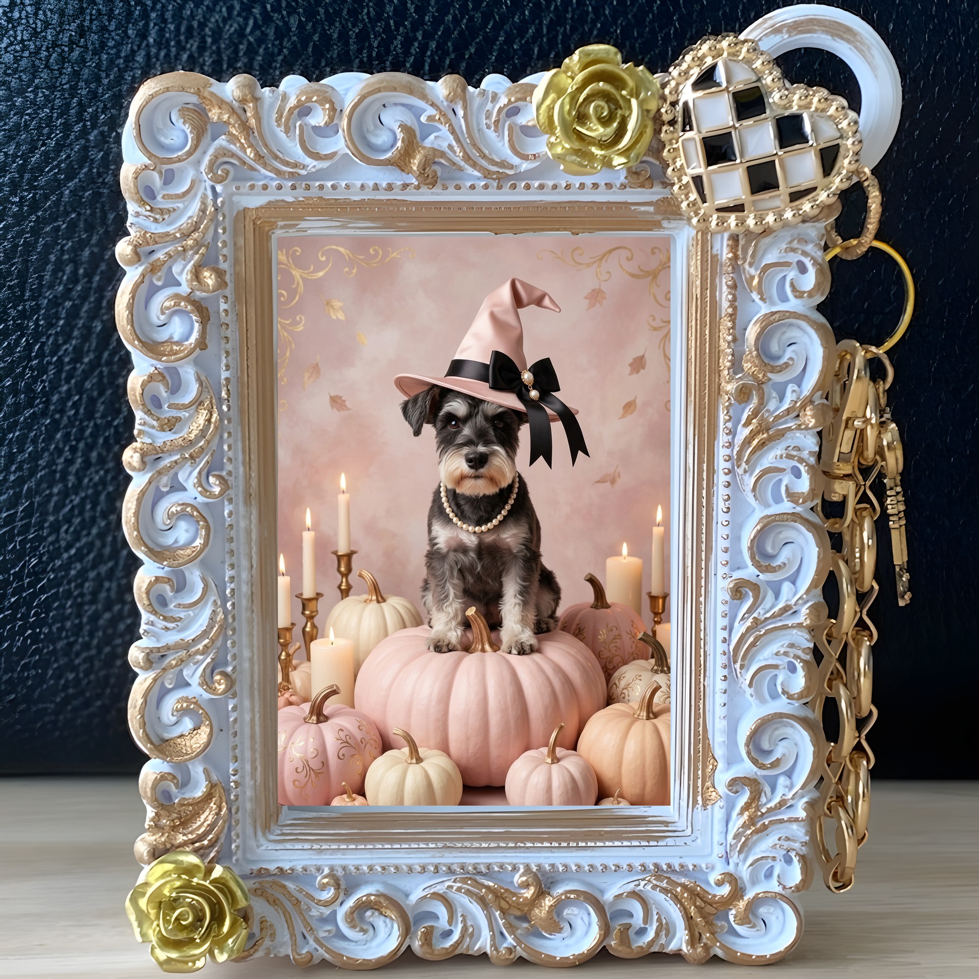 ミニチュアシュナウザーのかぼちゃとキャンドルの油絵風アートハロウィンバッグチャーム（ホワイト）（2枚目）