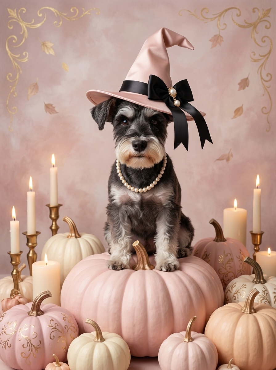 ミニチュアシュナウザーのかぼちゃとキャンドルの油絵風アートハロウィン額装プリント（A4金縁）（4枚目）