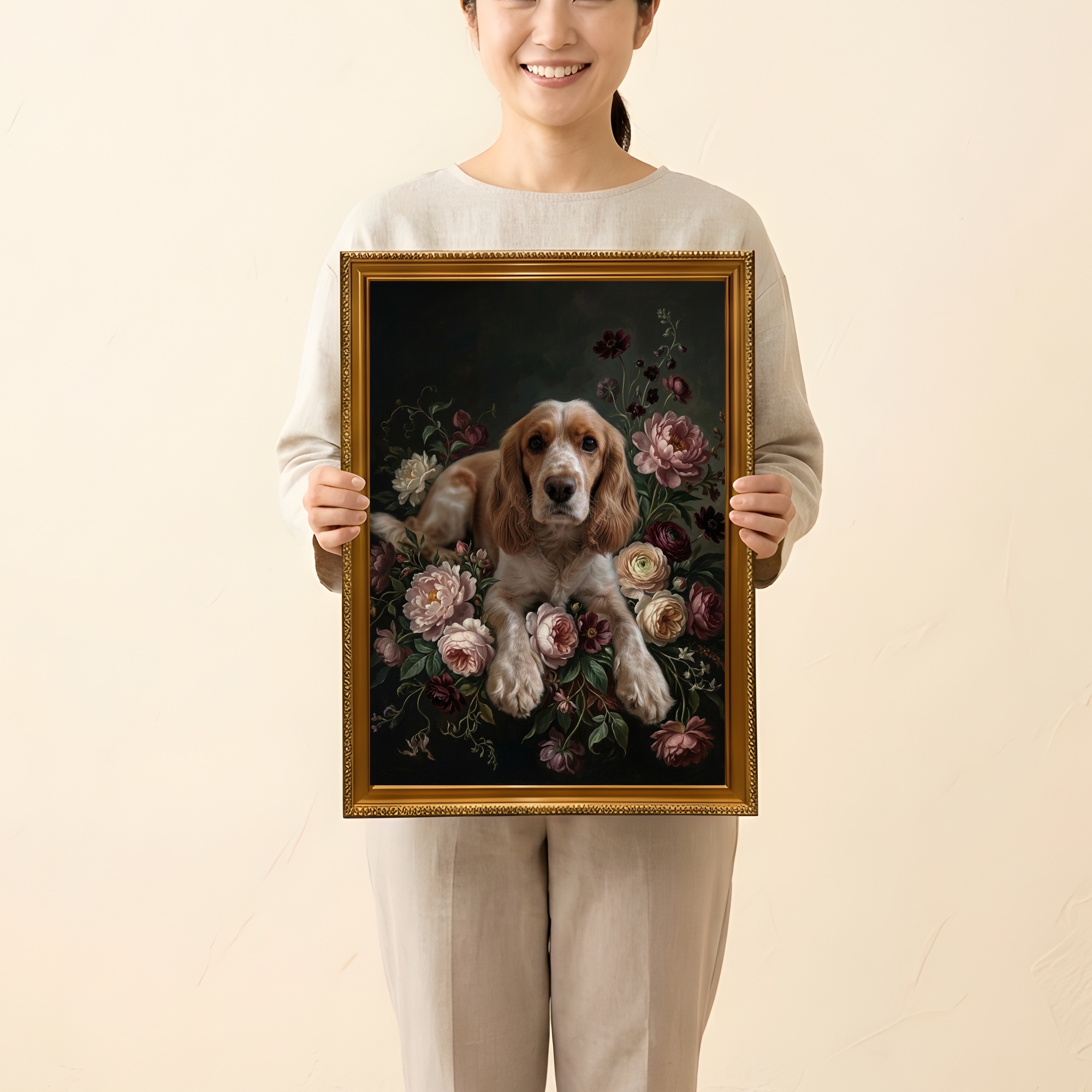 コッカースパニエルの花の油絵風アート花柄額装プリント(A3サイズ)(2枚目)