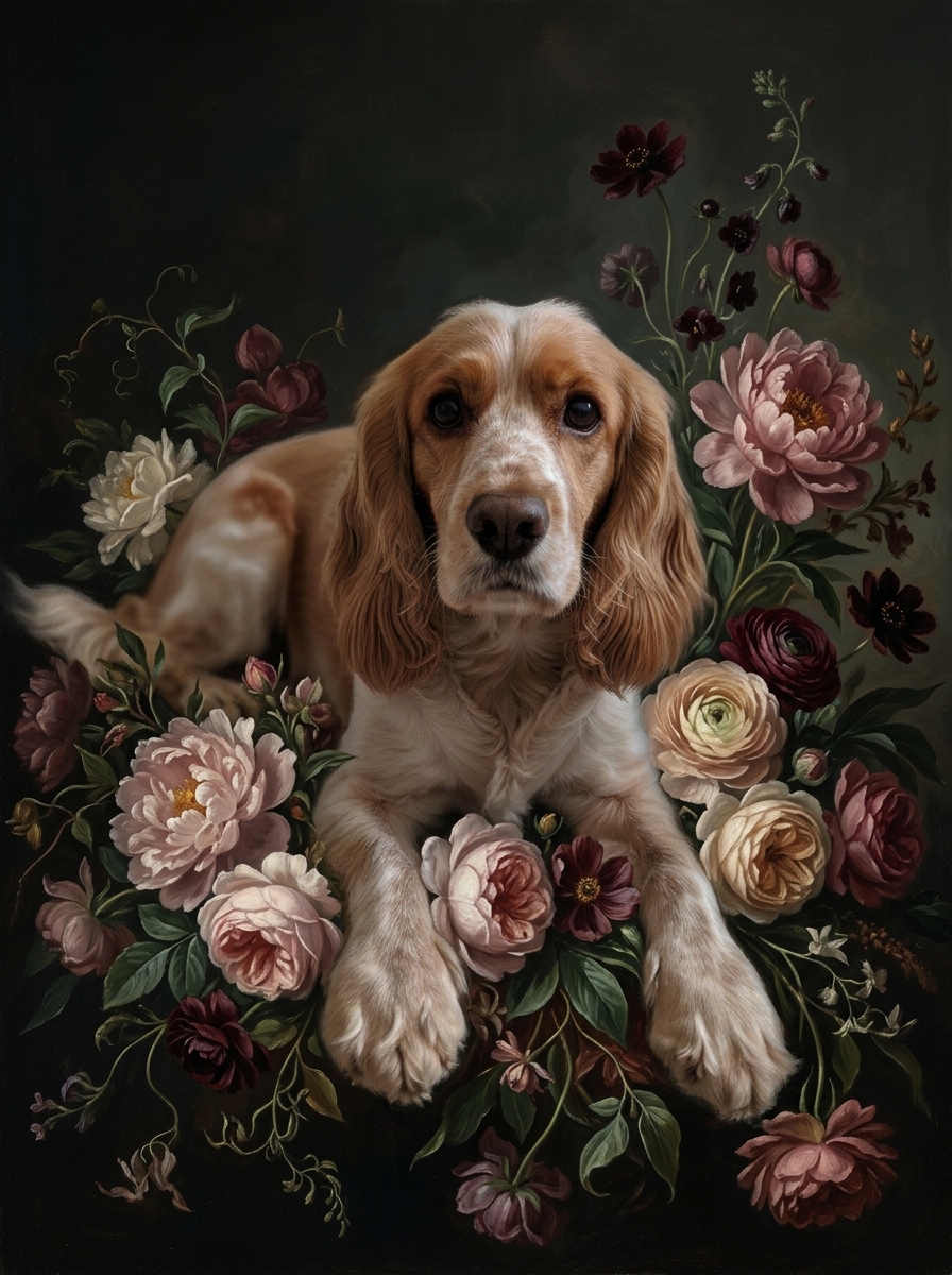 コッカースパニエルの花の油絵風アート花柄額装プリント(A3サイズ)(4枚目)
