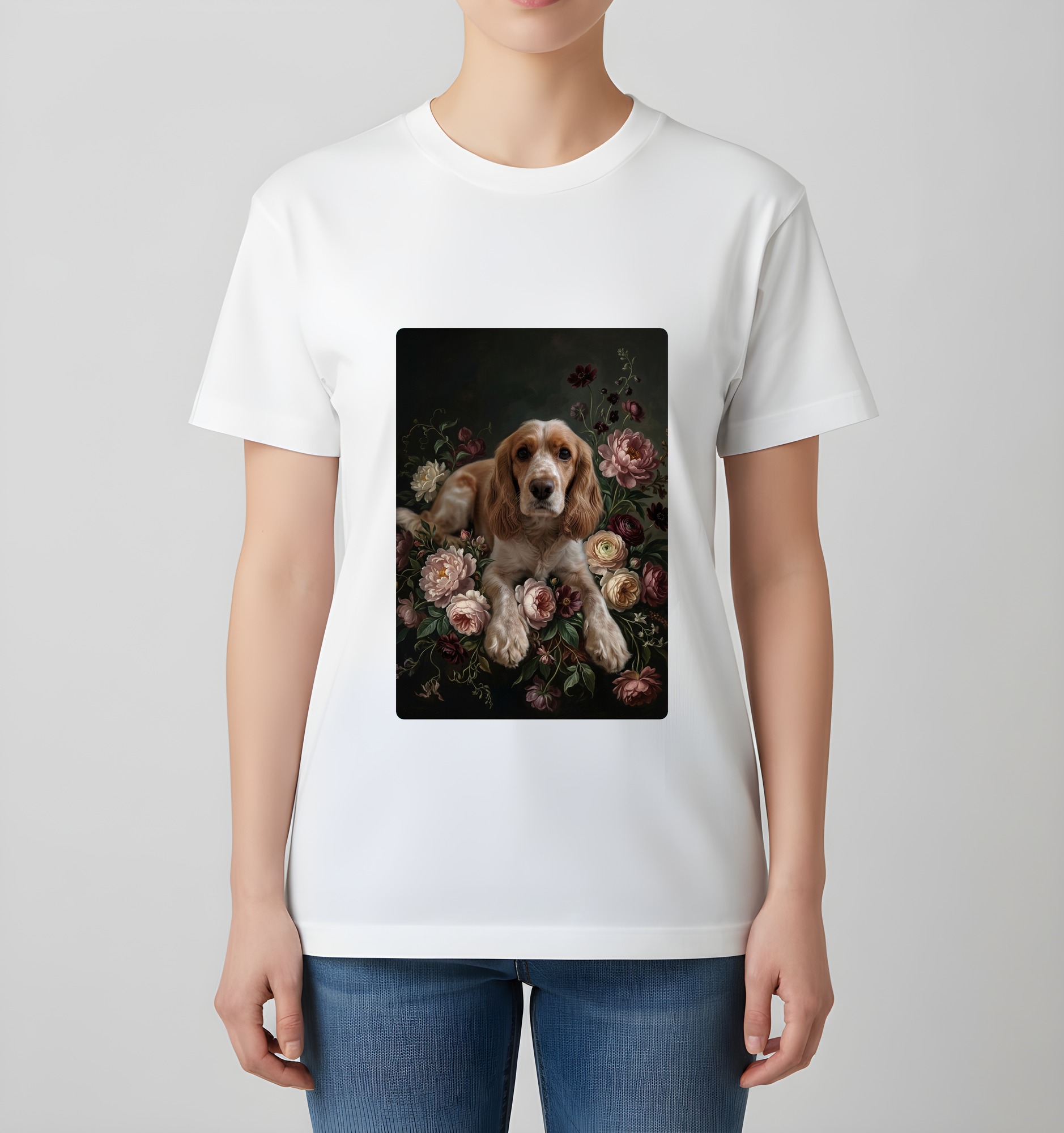 コッカースパニエルの花の油絵風アート花柄Tシャツ(ホワイト)(4枚目)