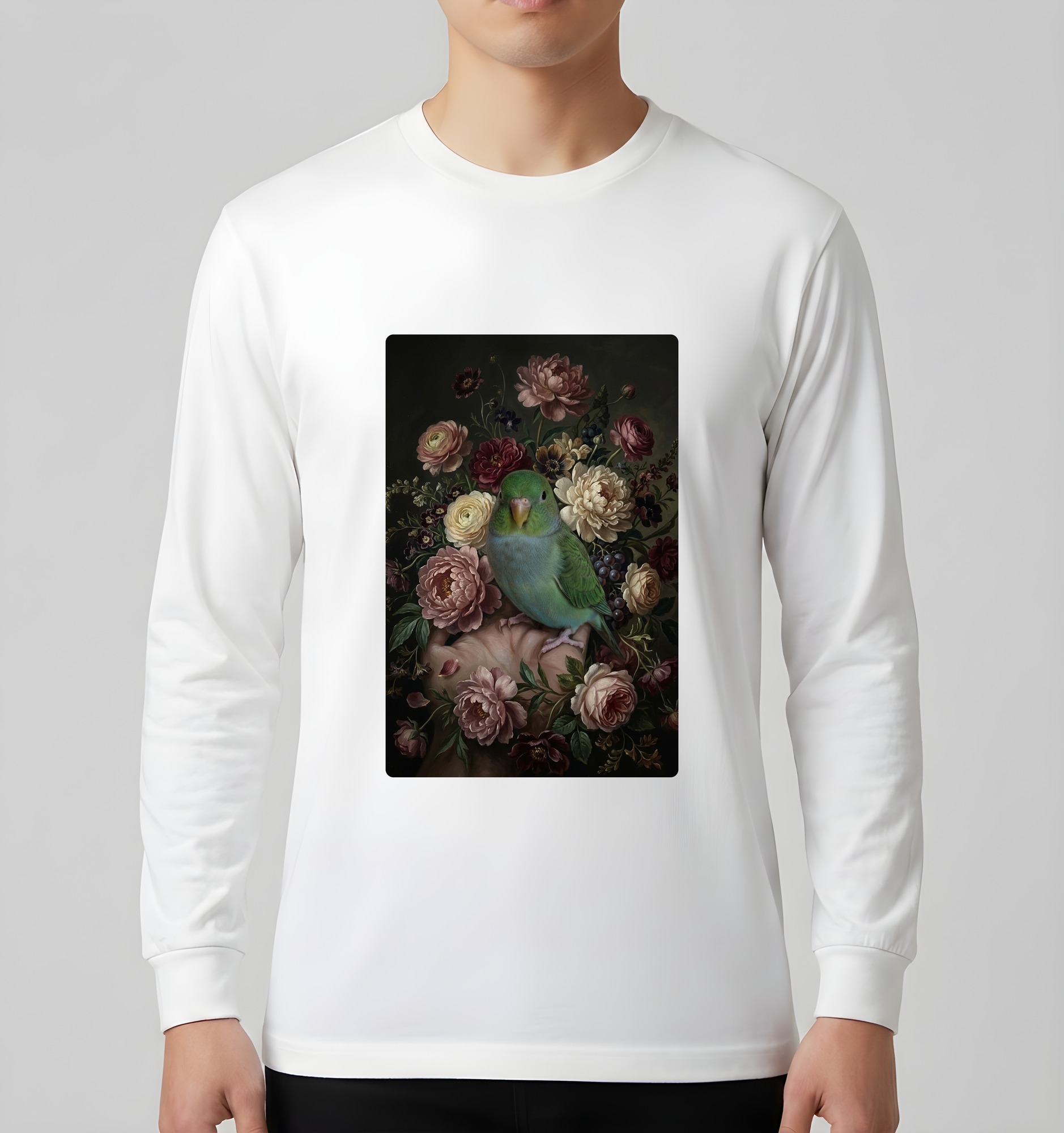サザナミインコの花の油絵風アート花柄長袖Tシャツ(ホワイト)(3枚目)