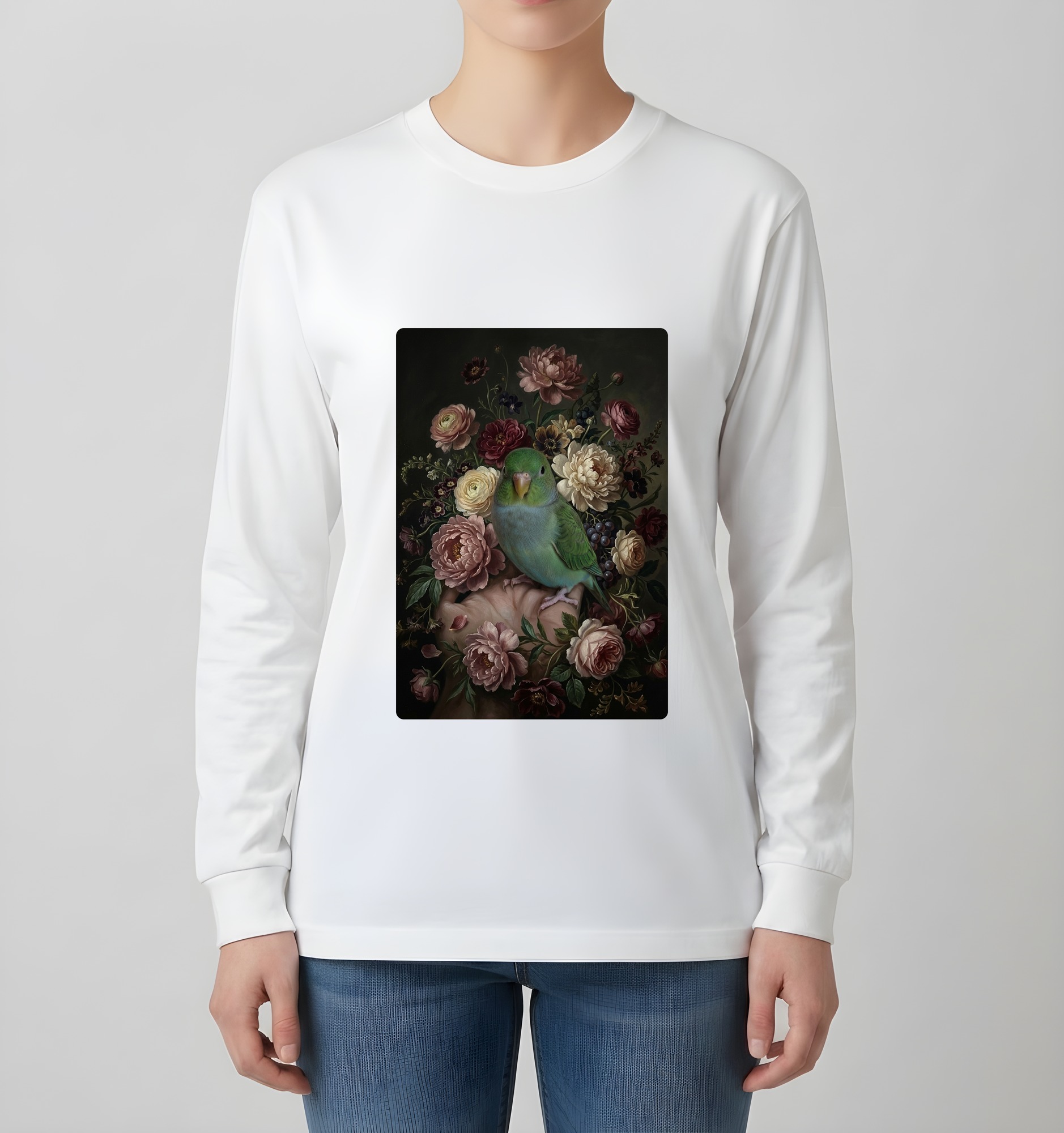 サザナミインコの花の油絵風アート花柄長袖Tシャツ(ホワイト)(4枚目)