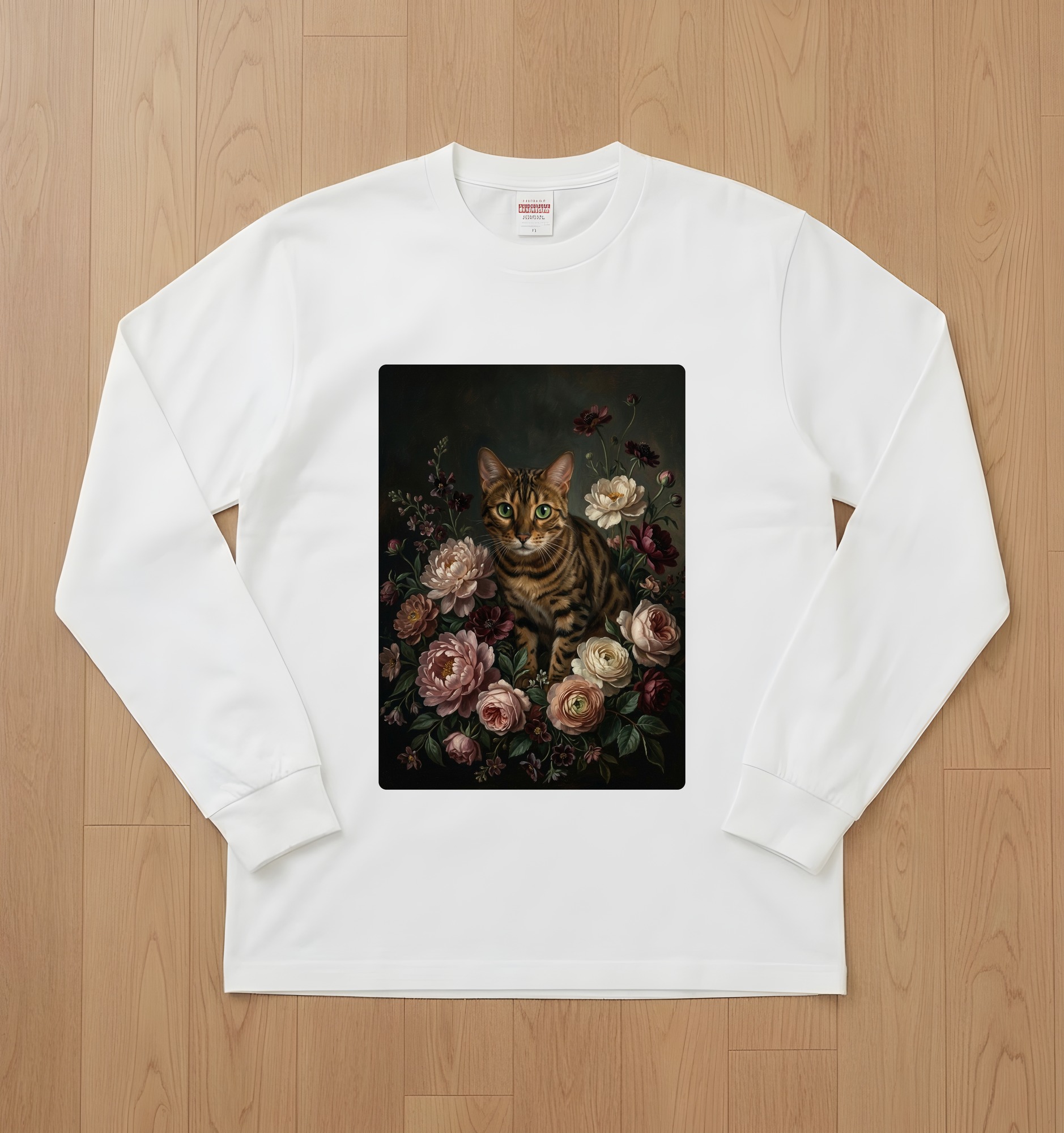 ベンガルの花の油絵風アート花柄長袖Tシャツ(ホワイト)