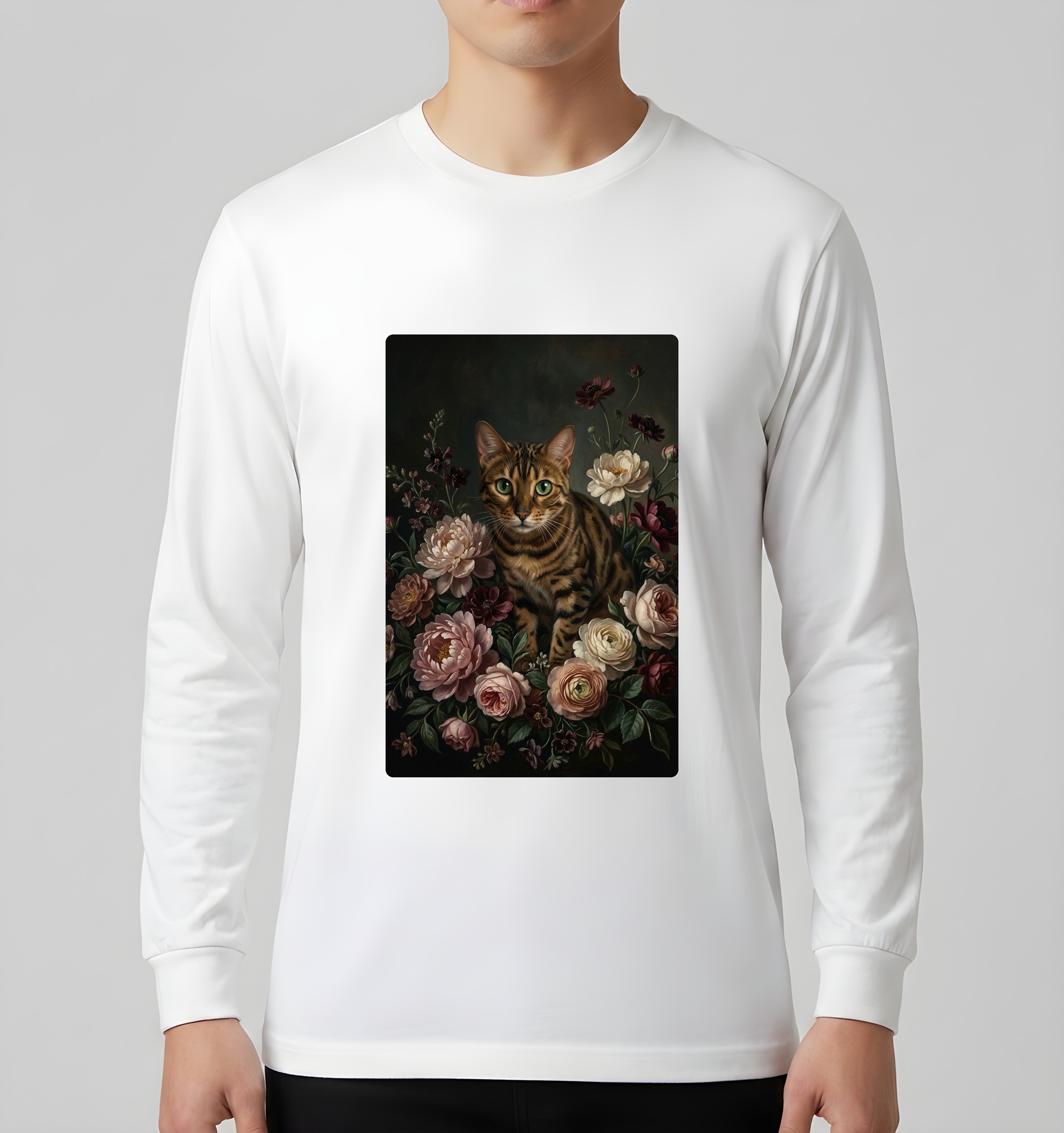 ベンガルの花の油絵風アート花柄長袖Tシャツ(ホワイト)(3枚目)