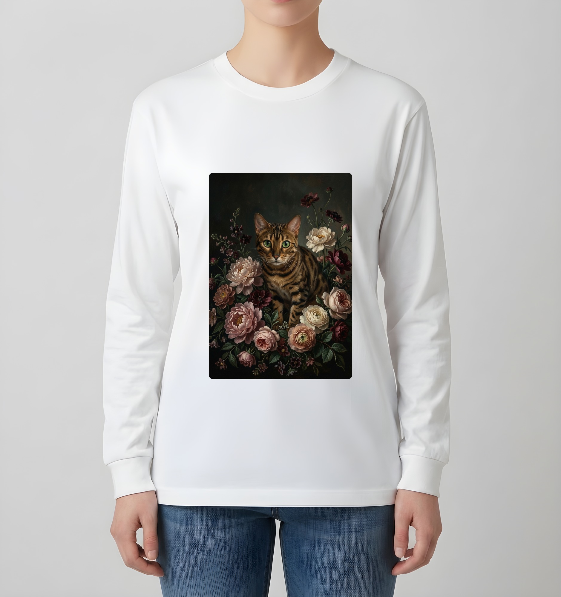 ベンガルの花の油絵風アート花柄長袖Tシャツ(ホワイト)(4枚目)