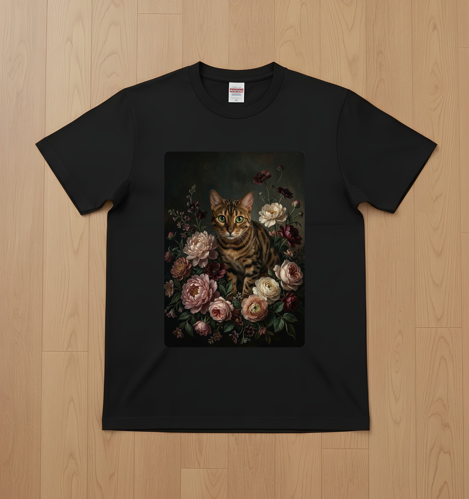 ベンガルの花の油絵風アート花柄Tシャツ(ブラック)