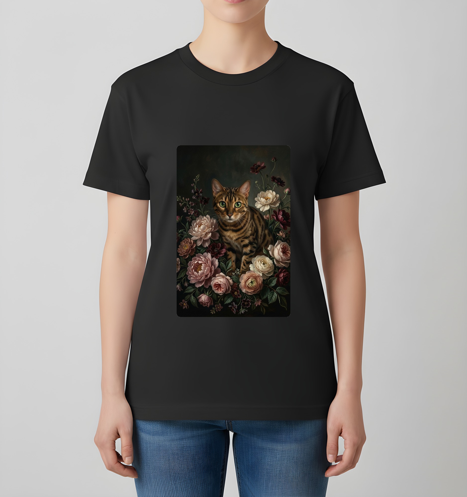 ベンガルの花の油絵風アート花柄Tシャツ(ブラック)(4枚目)