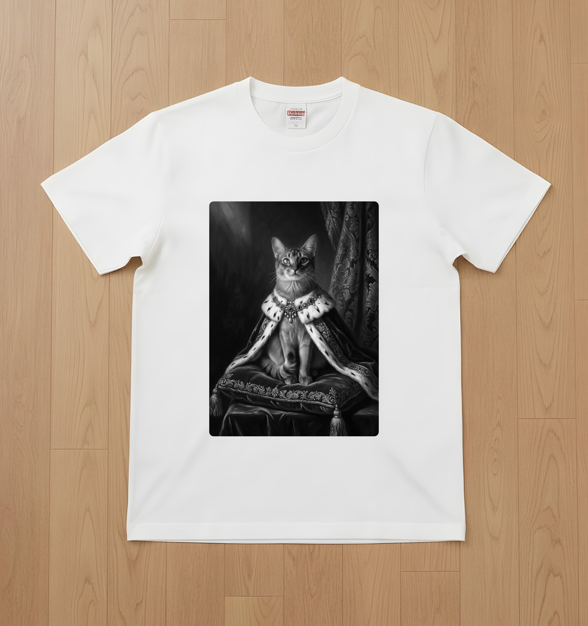 ソマリのルネサンス肖像画Tシャツ(ホワイト・モノクロプリント・額縁なし)