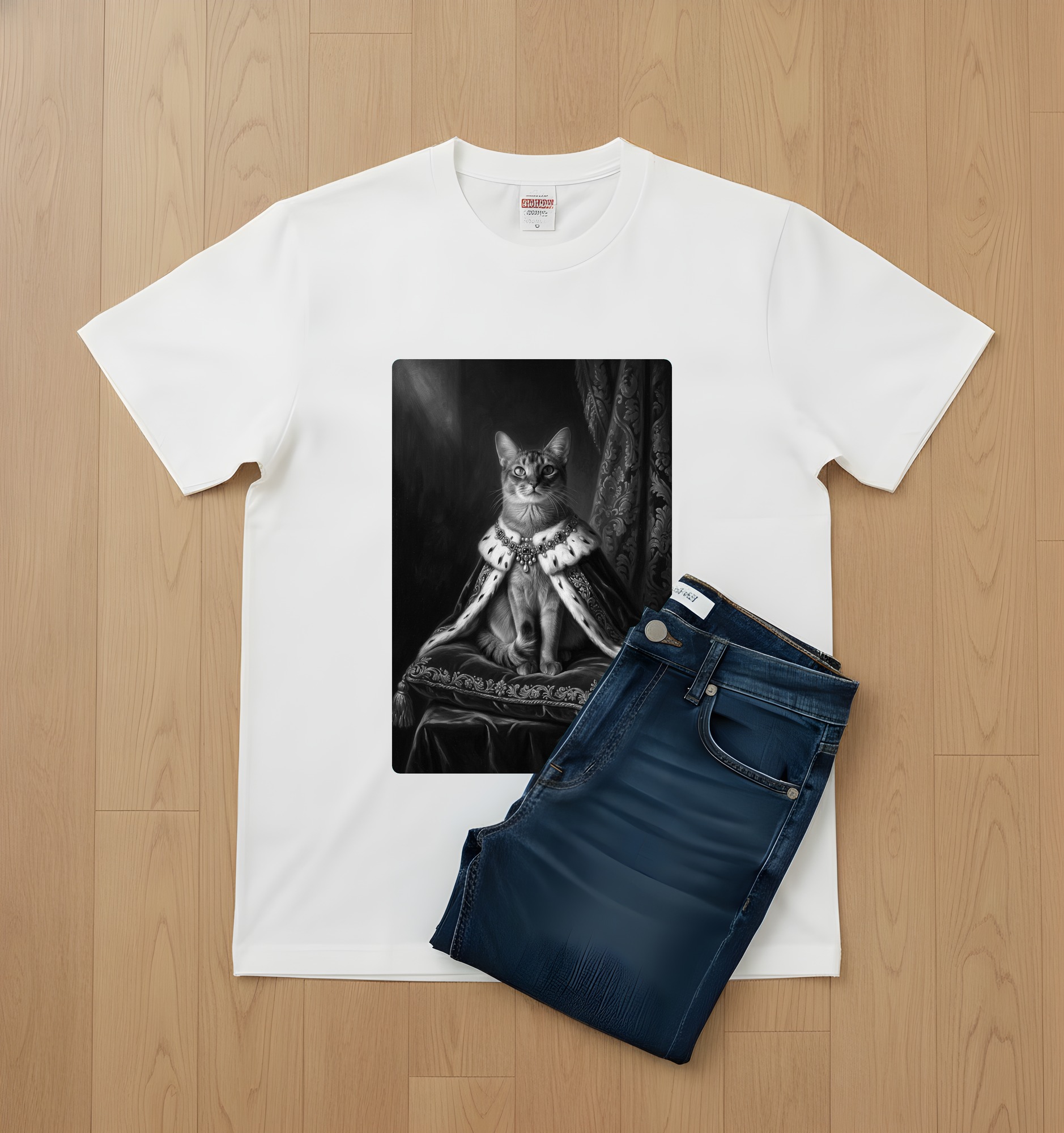 ソマリのルネサンス肖像画Tシャツ(ホワイト・モノクロプリント・額縁なし)(2枚目)