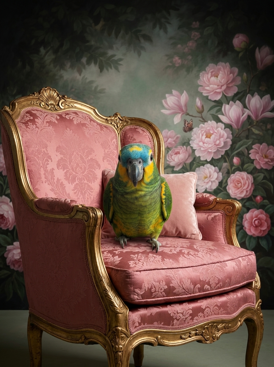 アオボウシインコのシャビーピンクの油絵風アートロココ調額装プリント（A4金縁）（4枚目）