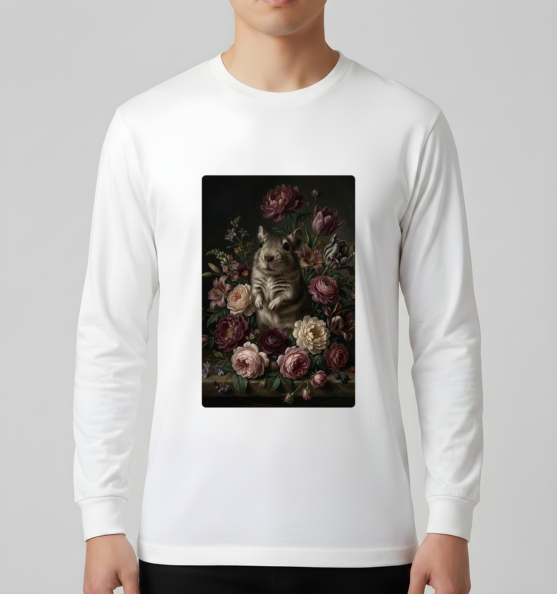 デグーの花の油絵風アート花柄長袖Tシャツ（ホワイト）（3枚目）