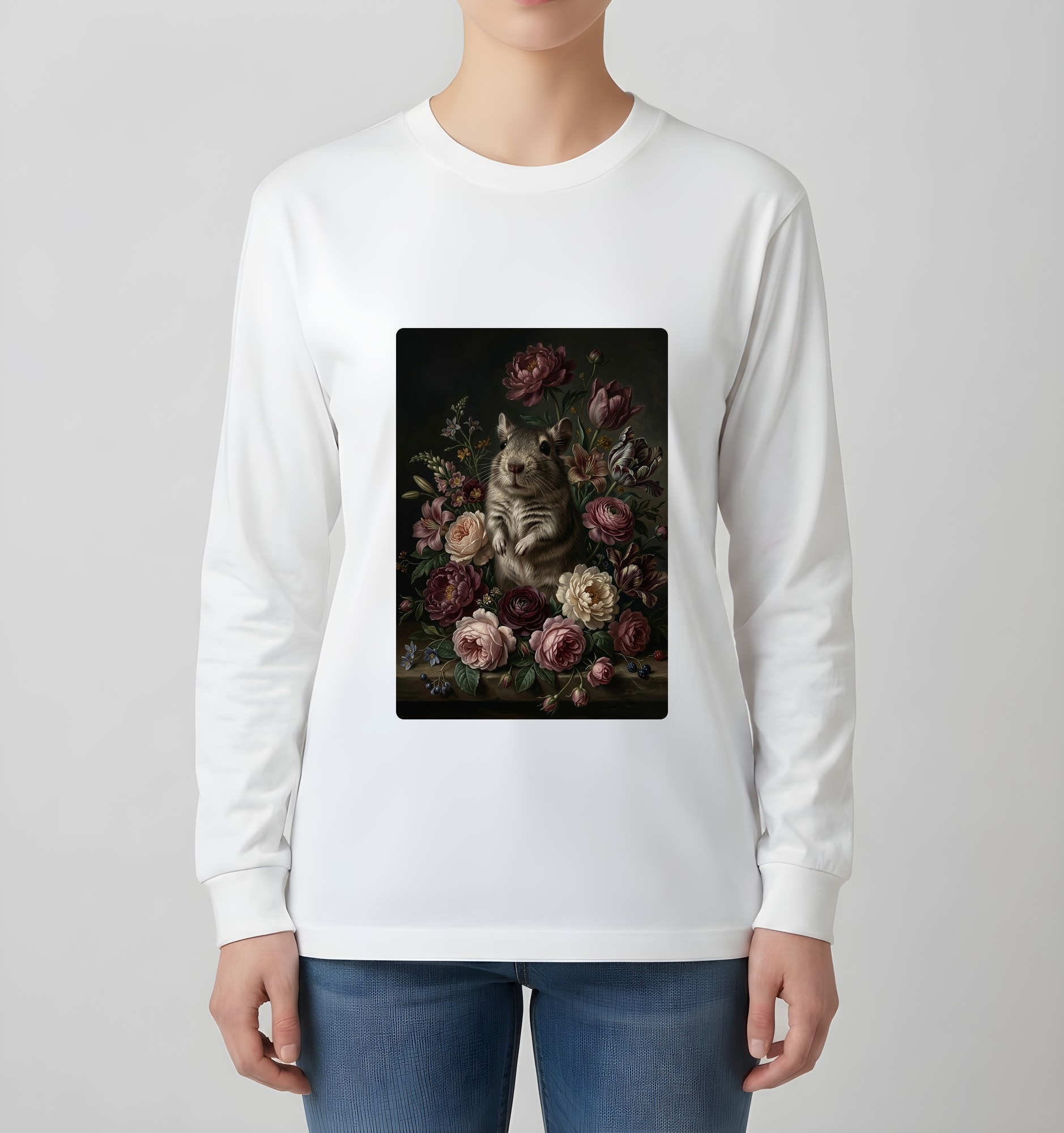 デグーの花の油絵風アート花柄長袖Tシャツ（ホワイト）（4枚目）