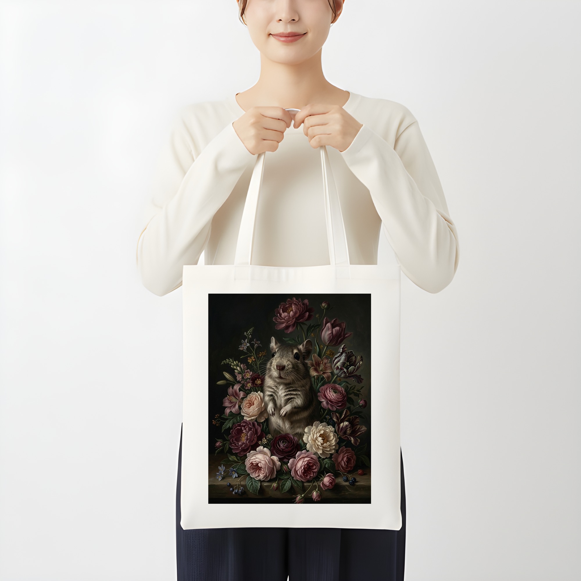 デグーの花の油絵風アート花柄トートバッグ(3枚目)