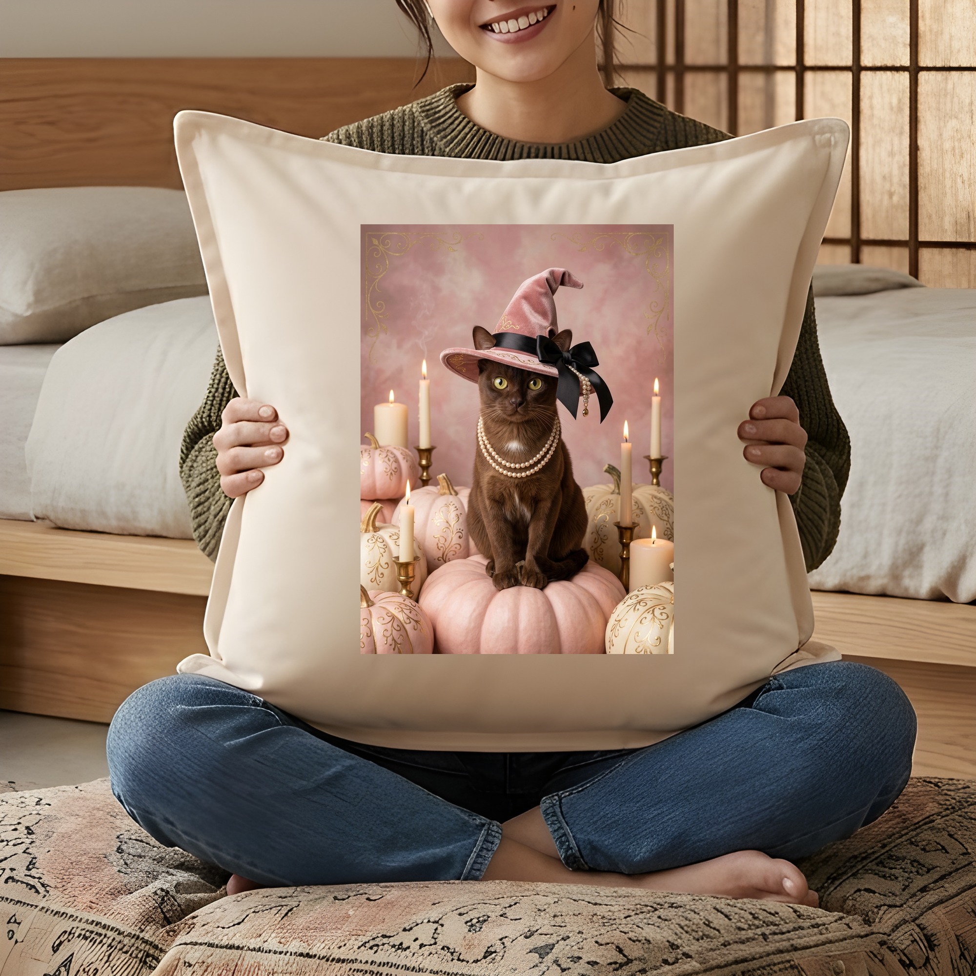 バーミーズのかぼちゃとキャンドルの油絵風アートハロウィンクッション（3枚目）