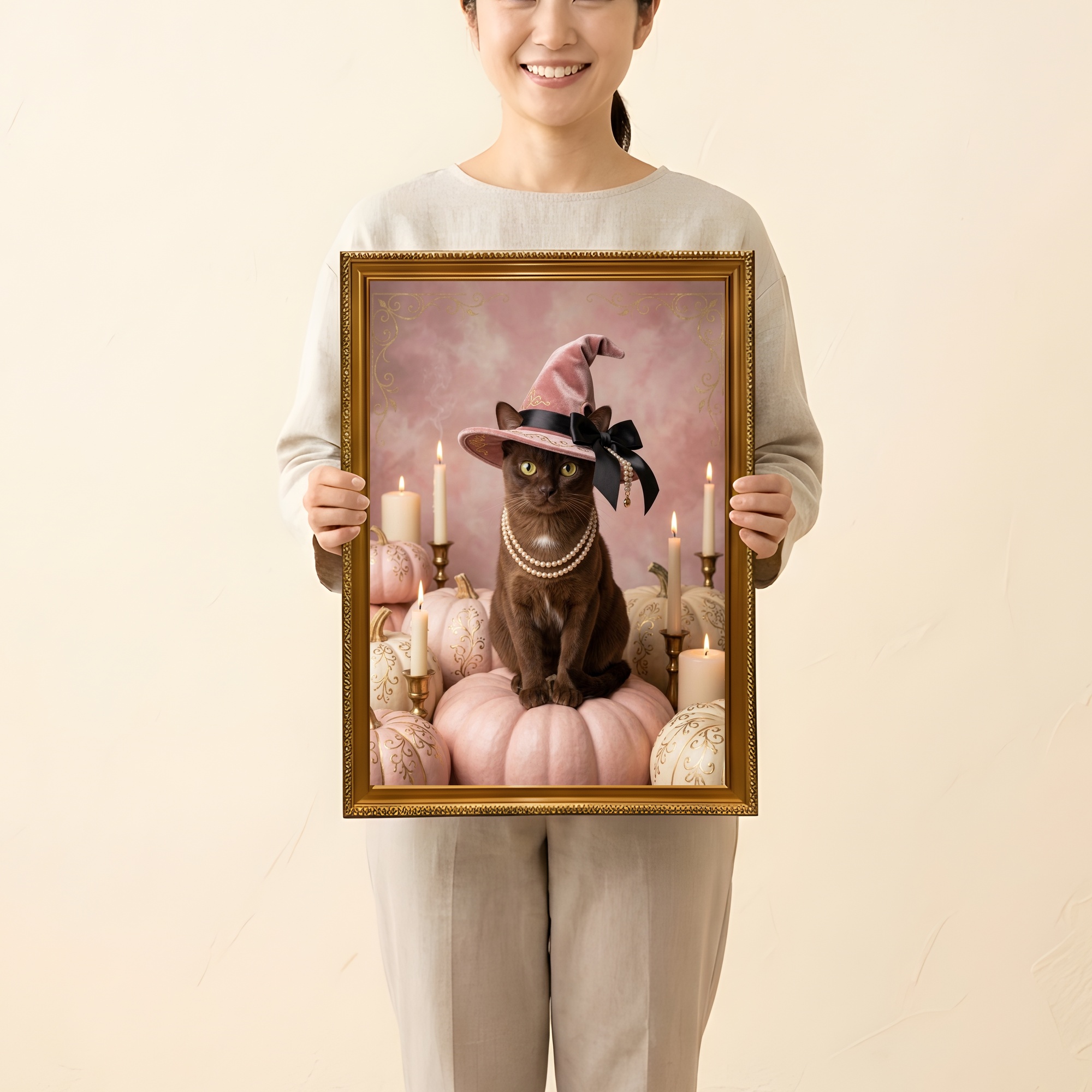 バーミーズのかぼちゃとキャンドルの油絵風アートハロウィン額装プリント（A3サイズ）（2枚目）