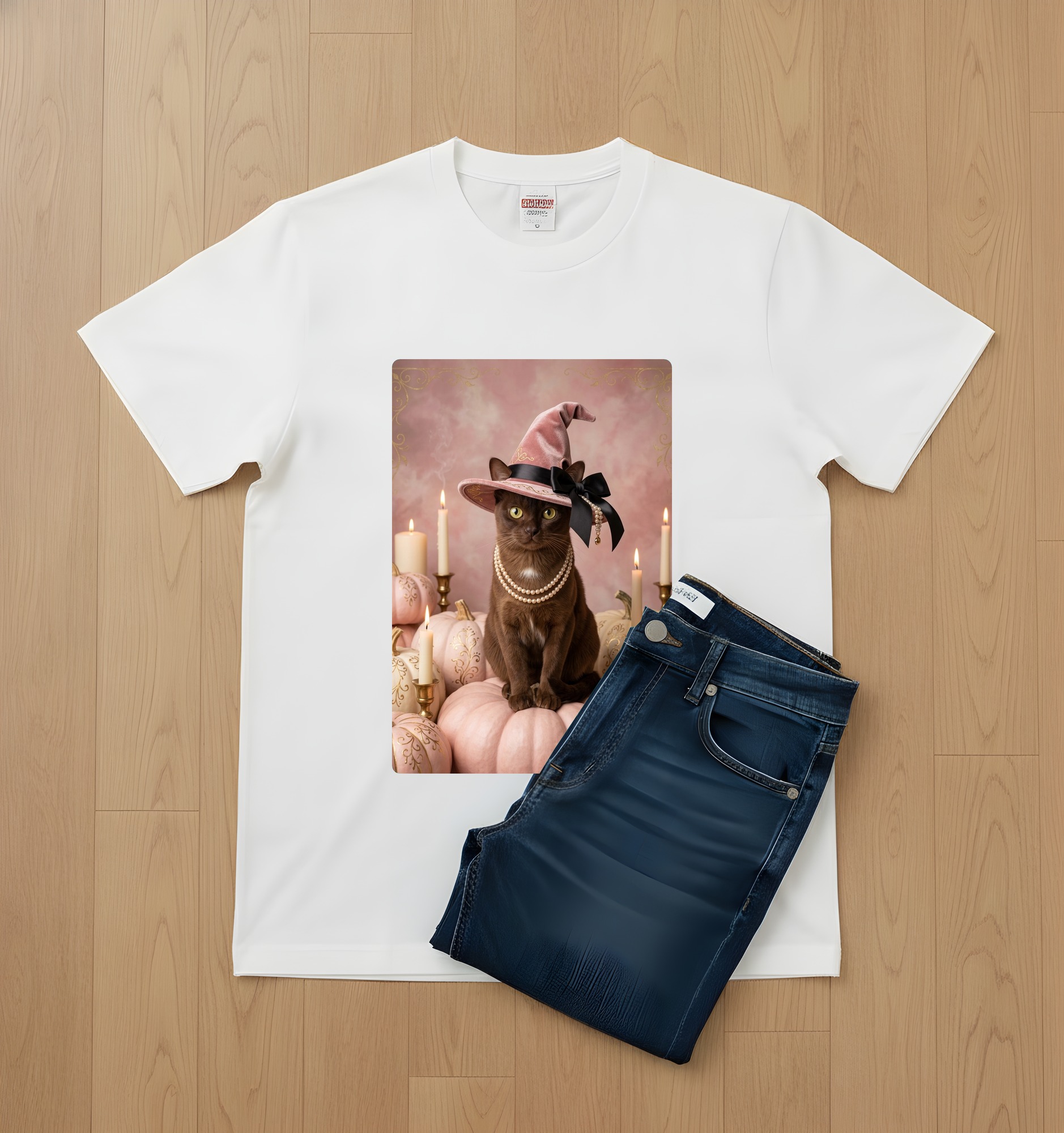 バーミーズのかぼちゃとキャンドルの油絵風アートハロウィンTシャツ（ホワイト）（2枚目）