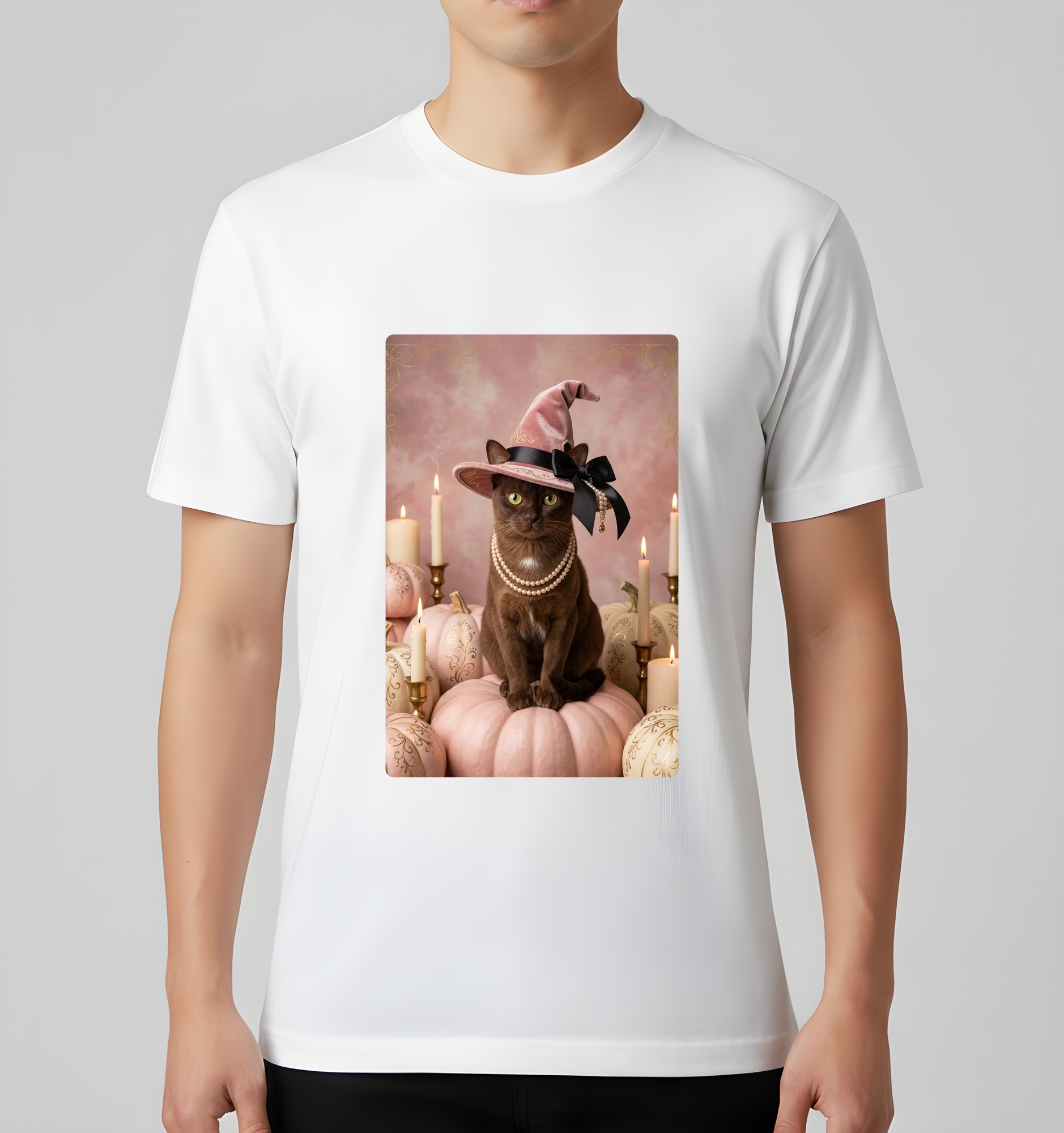バーミーズのかぼちゃとキャンドルの油絵風アートハロウィンTシャツ（ホワイト）（3枚目）