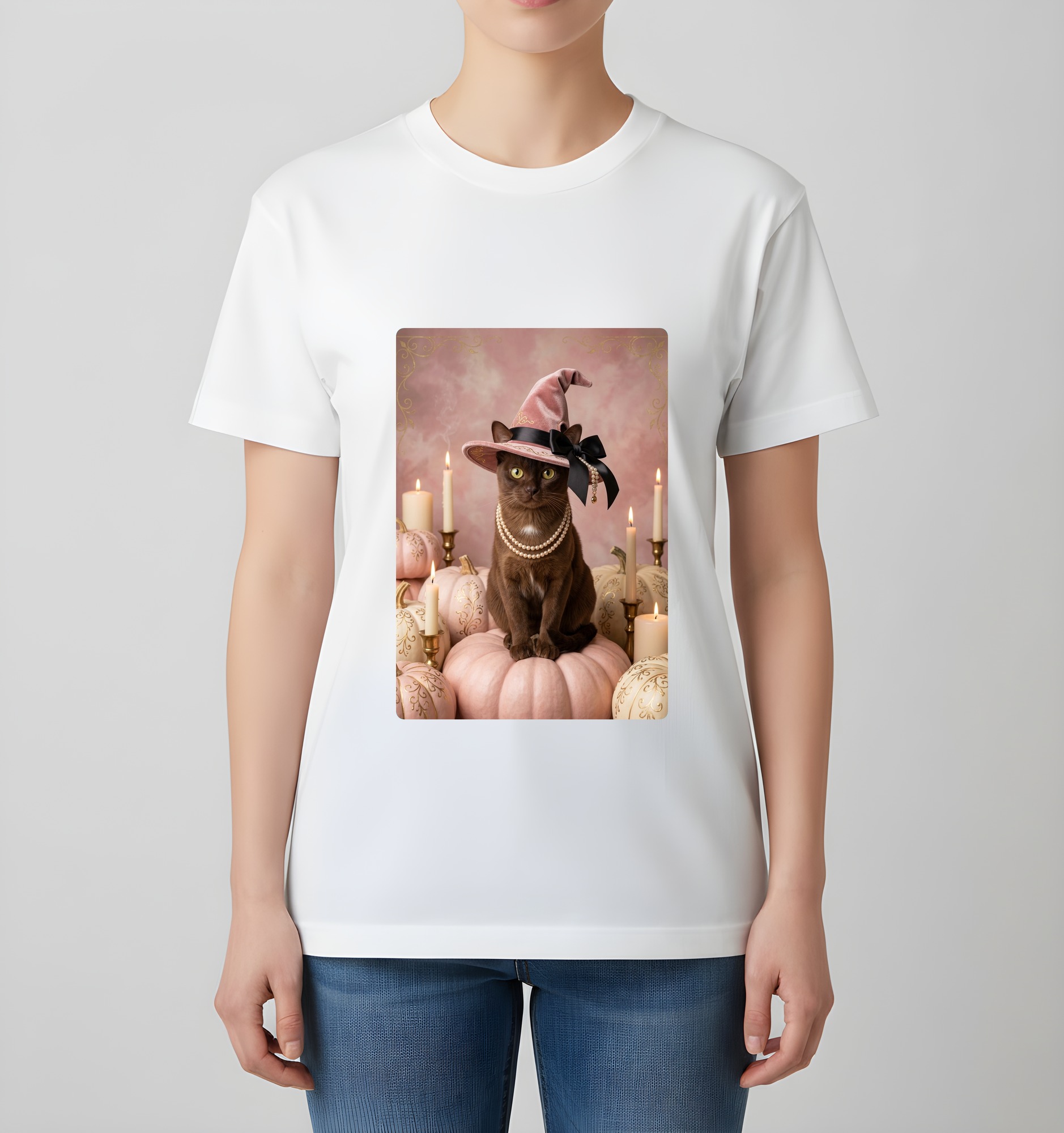 バーミーズのかぼちゃとキャンドルの油絵風アートハロウィンTシャツ（ホワイト）（4枚目）