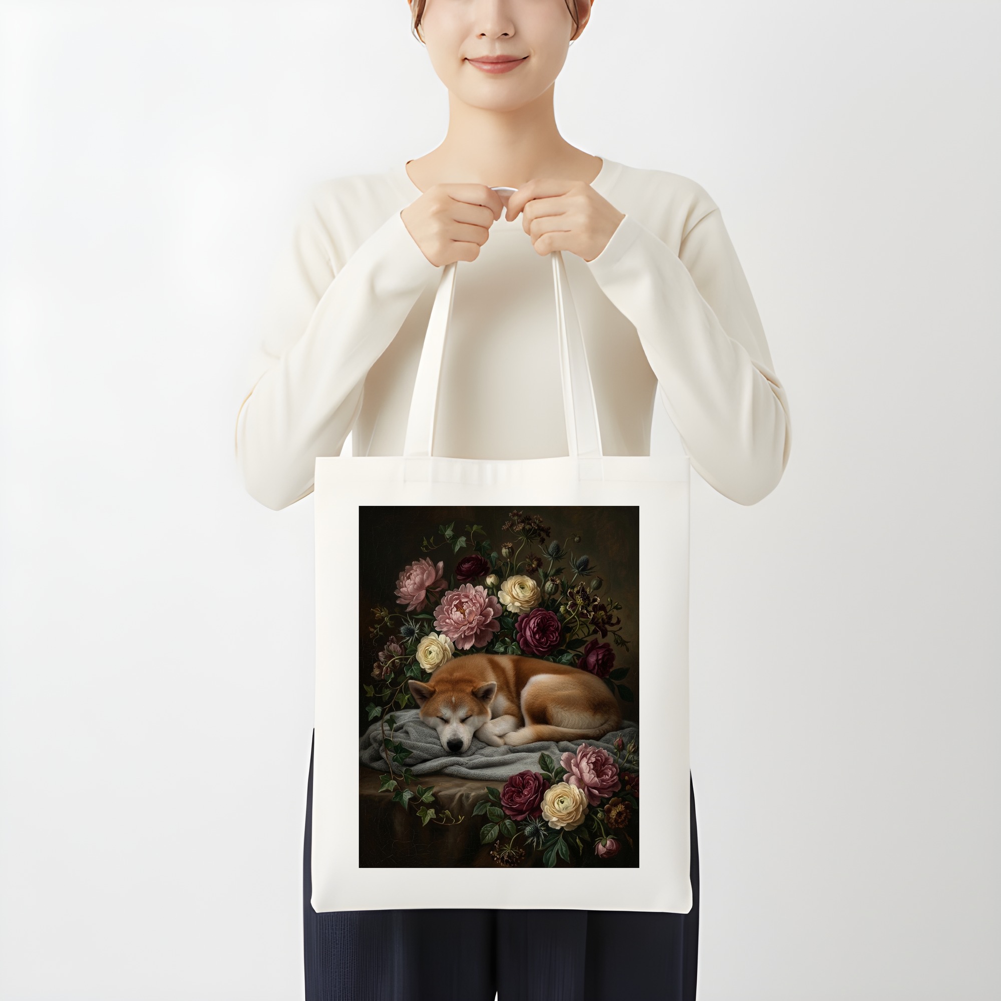 柴犬の花の油絵風アート花柄トートバッグ（3枚目）