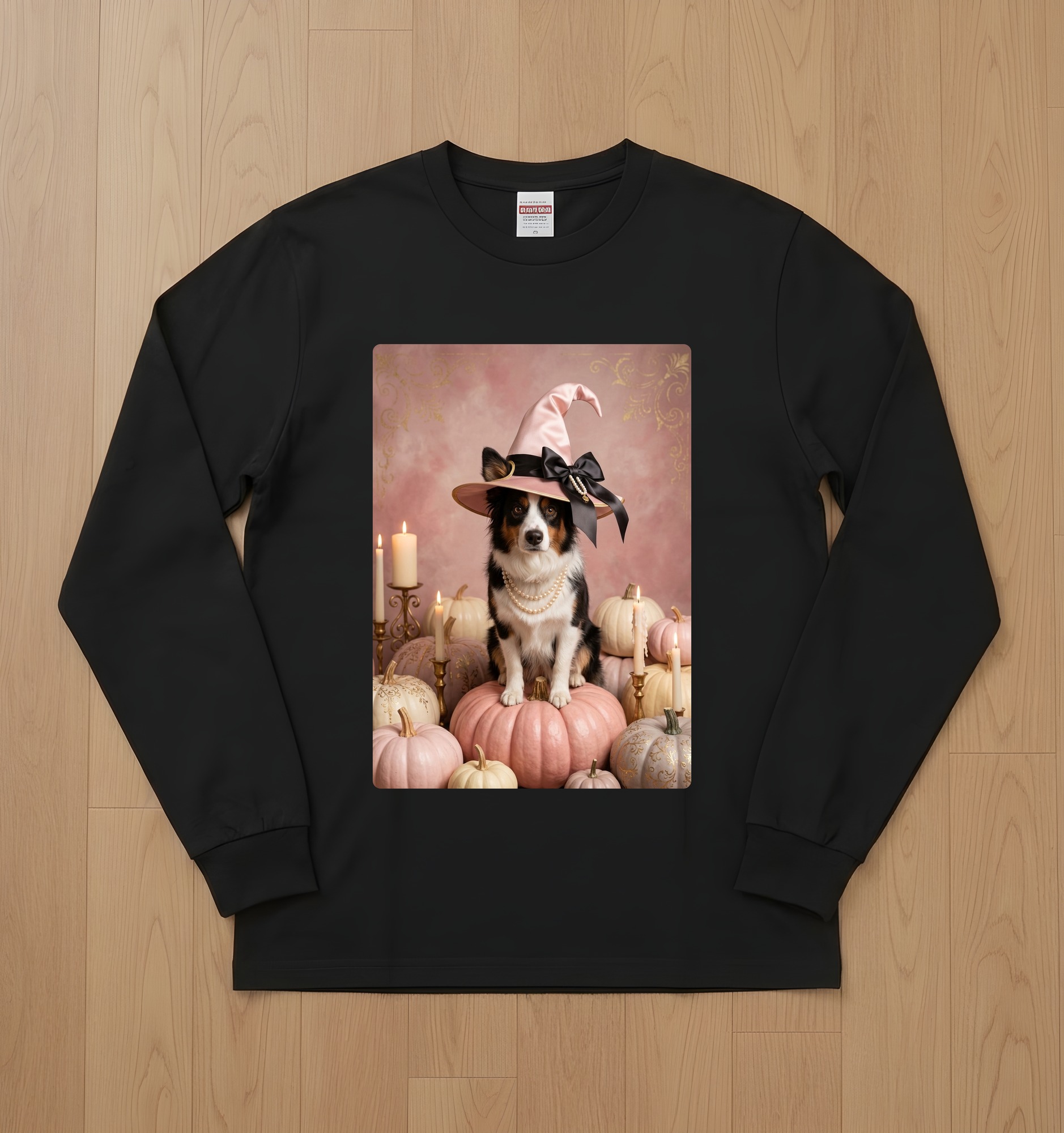 ボーダーコリーのかぼちゃとキャンドルの油絵風アートハロウィン長袖Tシャツ(ブラック)