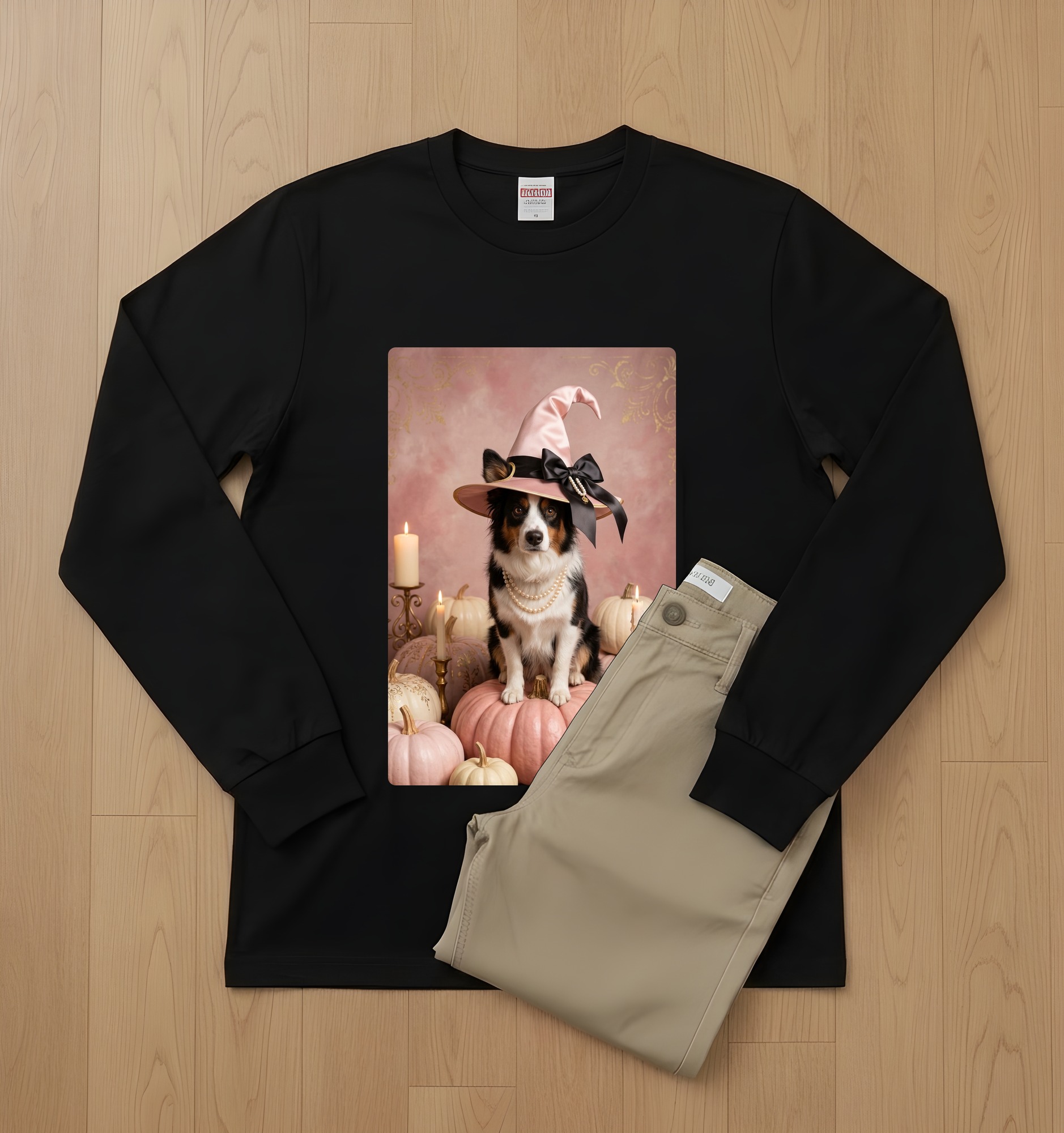 ボーダーコリーのかぼちゃとキャンドルの油絵風アートハロウィン長袖Tシャツ(ブラック)(2枚目)