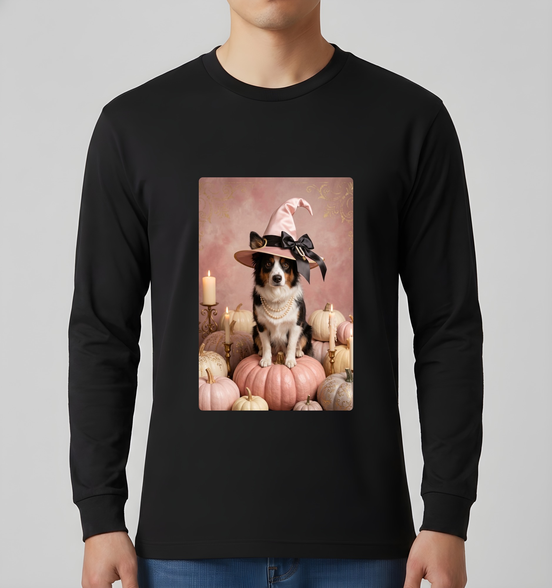 ボーダーコリーのかぼちゃとキャンドルの油絵風アートハロウィン長袖Tシャツ(ブラック)(3枚目)