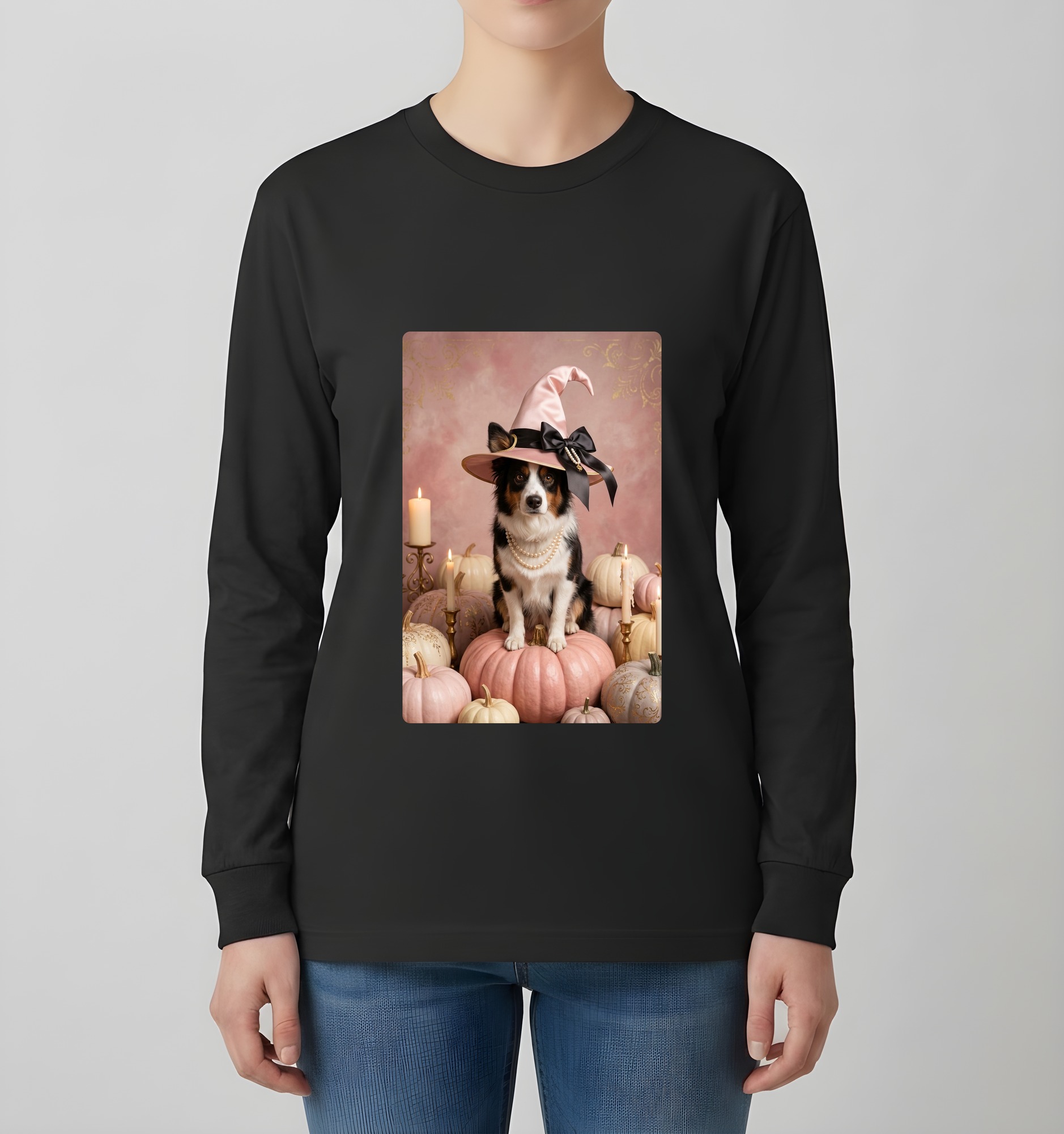 ボーダーコリーのかぼちゃとキャンドルの油絵風アートハロウィン長袖Tシャツ(ブラック)(4枚目)