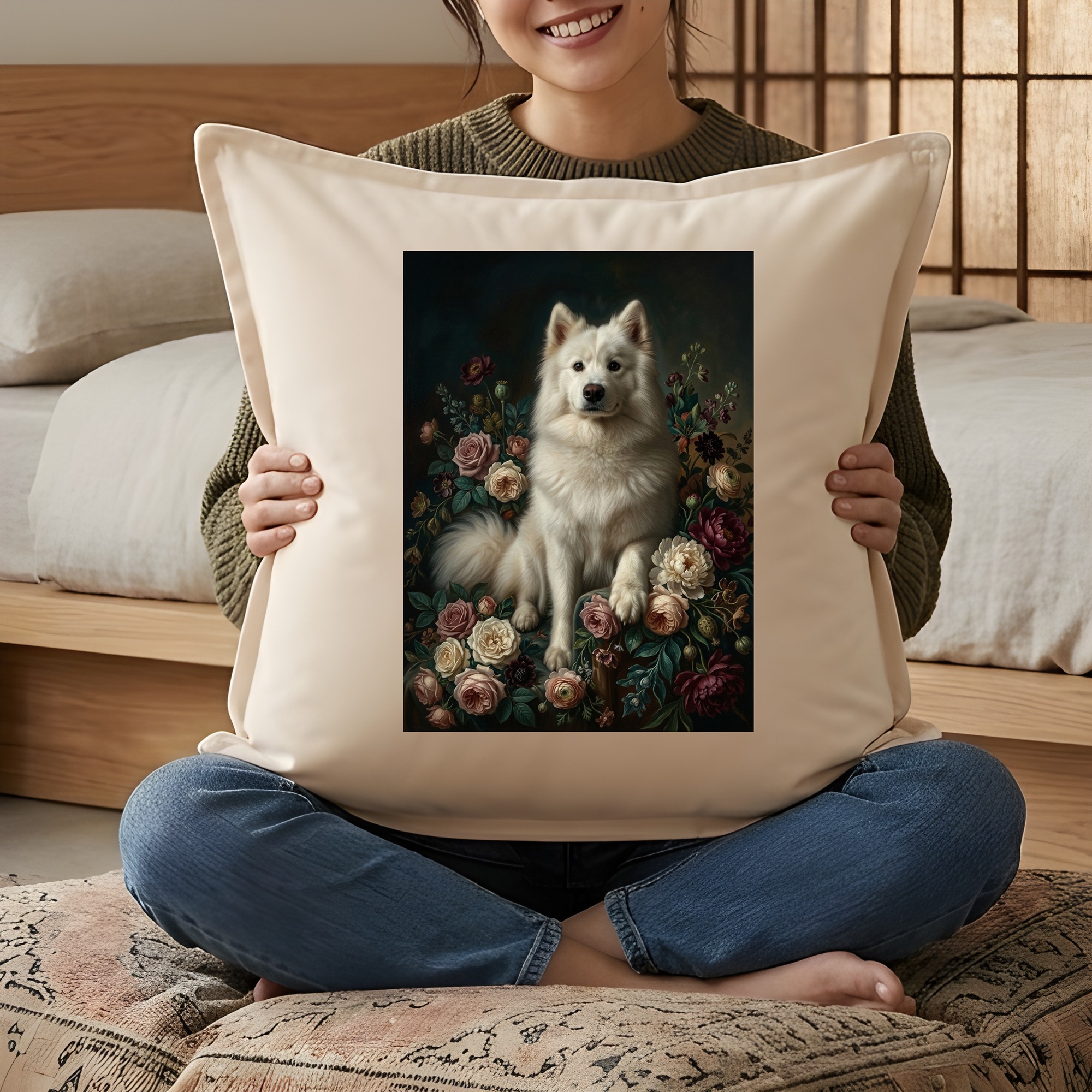サモエドの花の油絵風アート花柄クッション(3枚目)