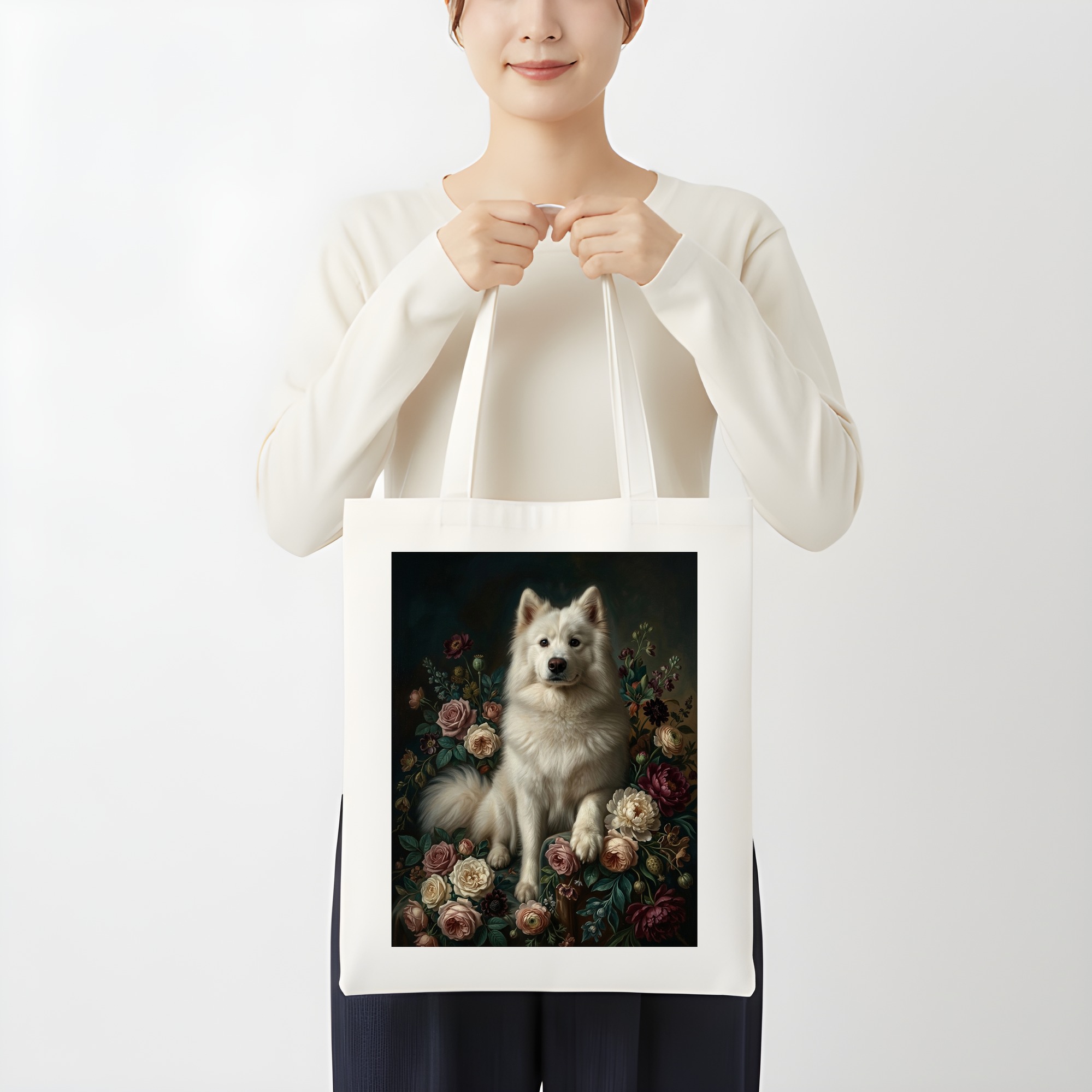 サモエドの花の油絵風アート花柄トートバッグ（3枚目）