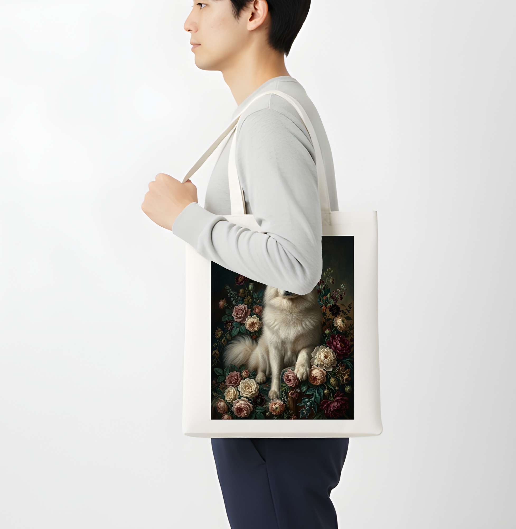 サモエドの花の油絵風アート花柄トートバッグ（4枚目）