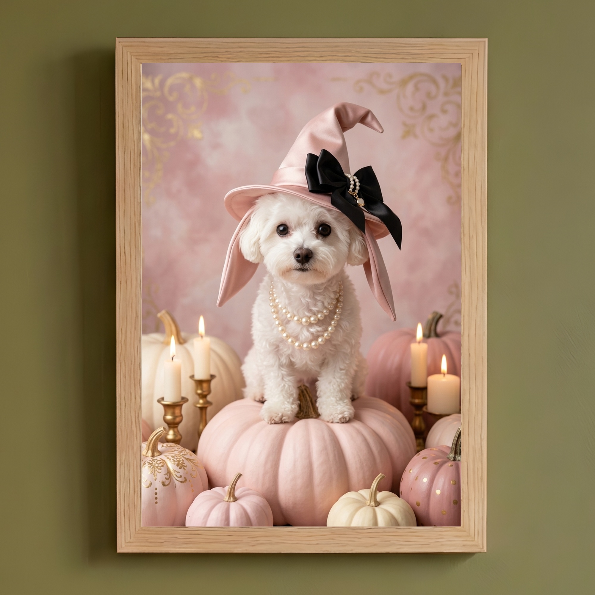 ビションフリーゼのかぼちゃとキャンドルの油絵風アートハロウィン額装プリント(A4サイズ)