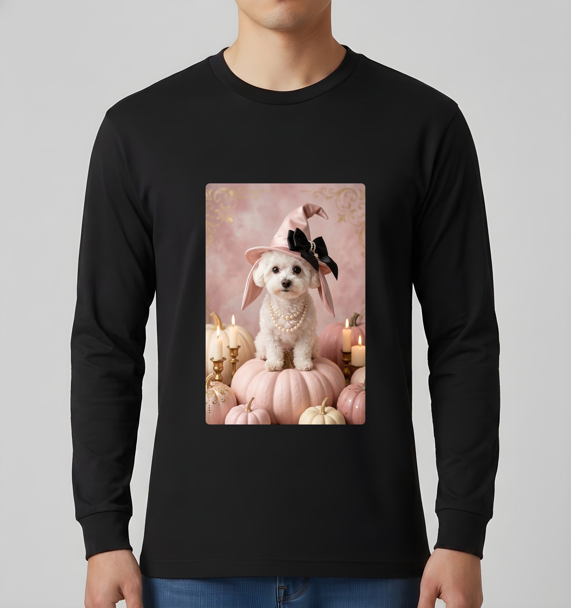 ビションフリーゼのかぼちゃとキャンドルの油絵風アートハロウィン長袖Tシャツ（ブラック）（3枚目）