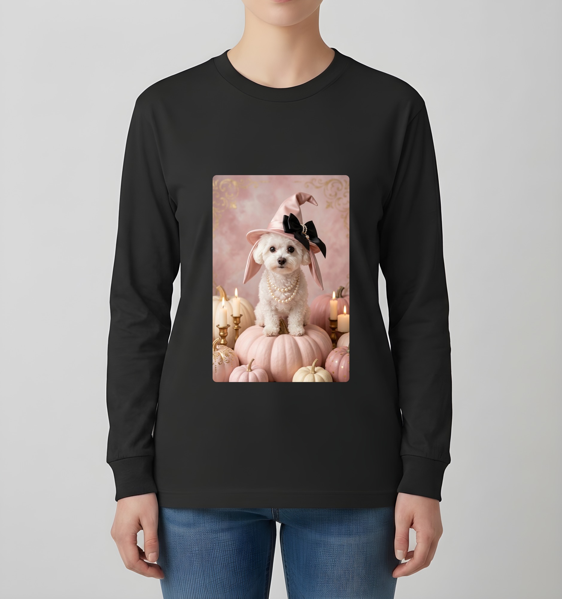 ビションフリーゼのかぼちゃとキャンドルの油絵風アートハロウィン長袖Tシャツ（ブラック）（4枚目）