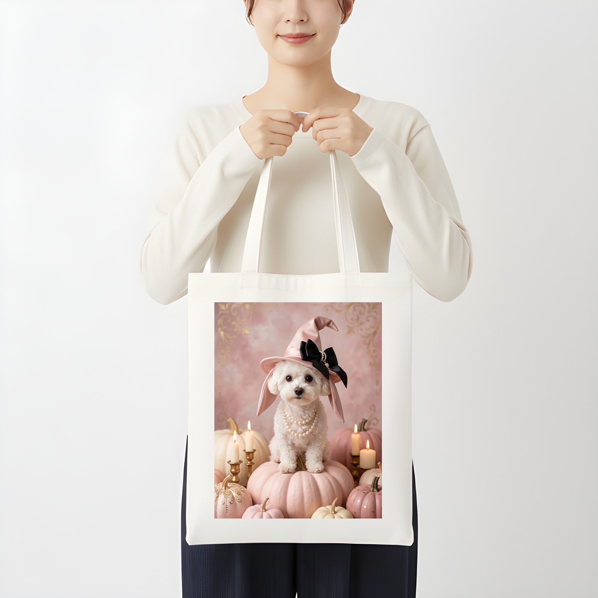 ビションフリーゼのかぼちゃとキャンドルの油絵風アートハロウィントートバッグ（3枚目）
