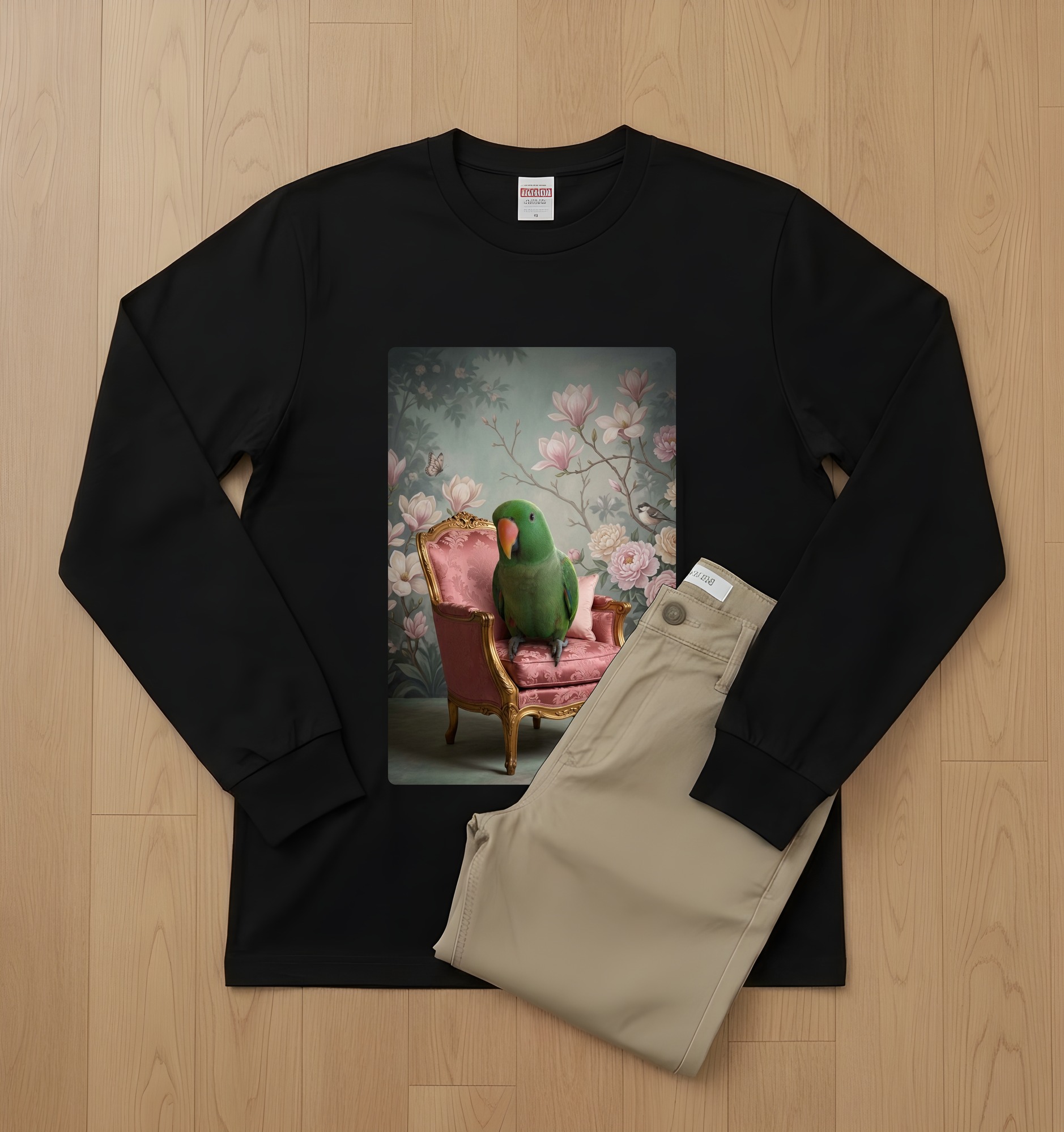 オオハナインコのシャビーピンクの油絵風アートロココ調長袖Tシャツ(ブラック)(2枚目)