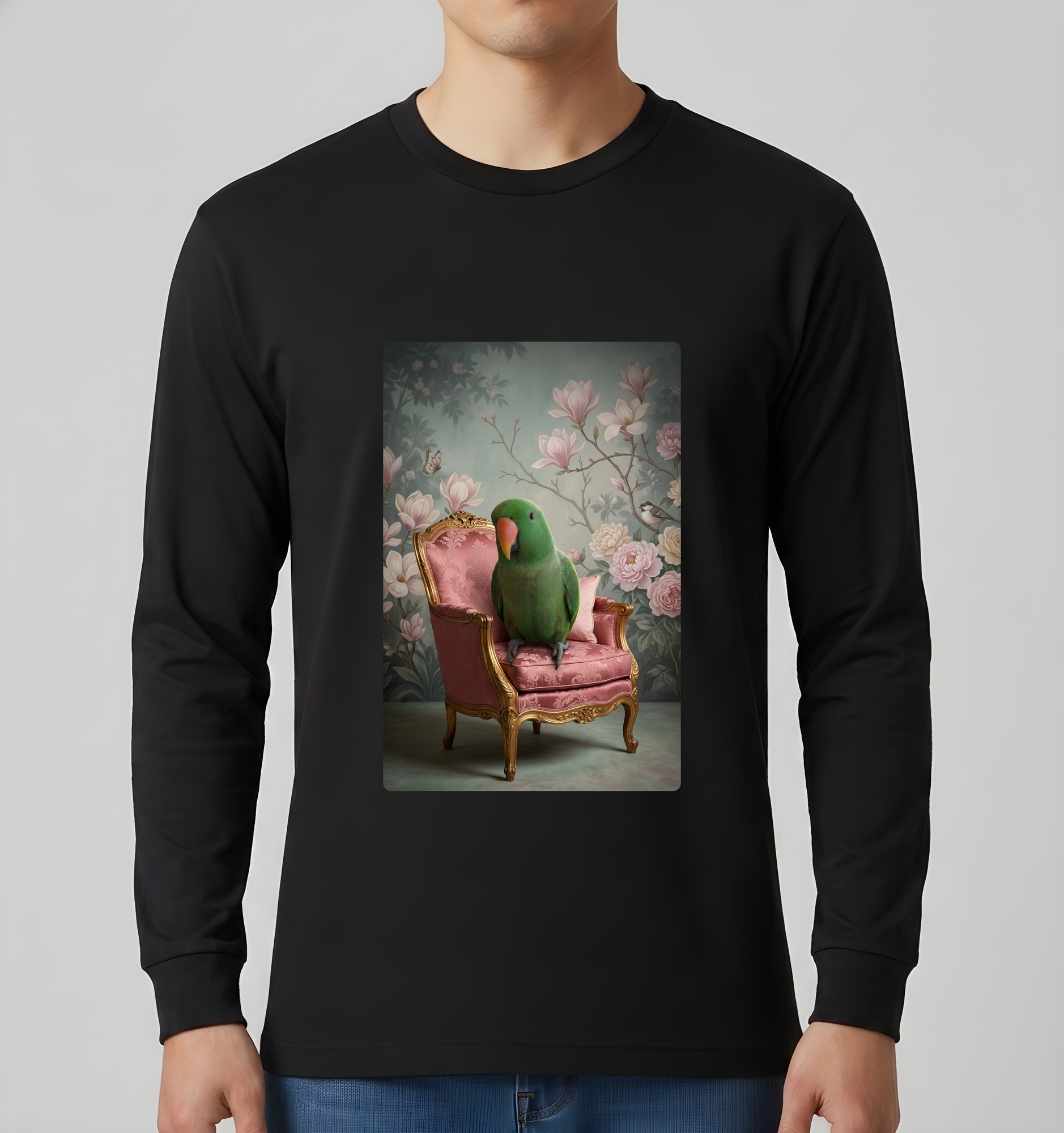 オオハナインコのシャビーピンクの油絵風アートロココ調長袖Tシャツ(ブラック)(3枚目)
