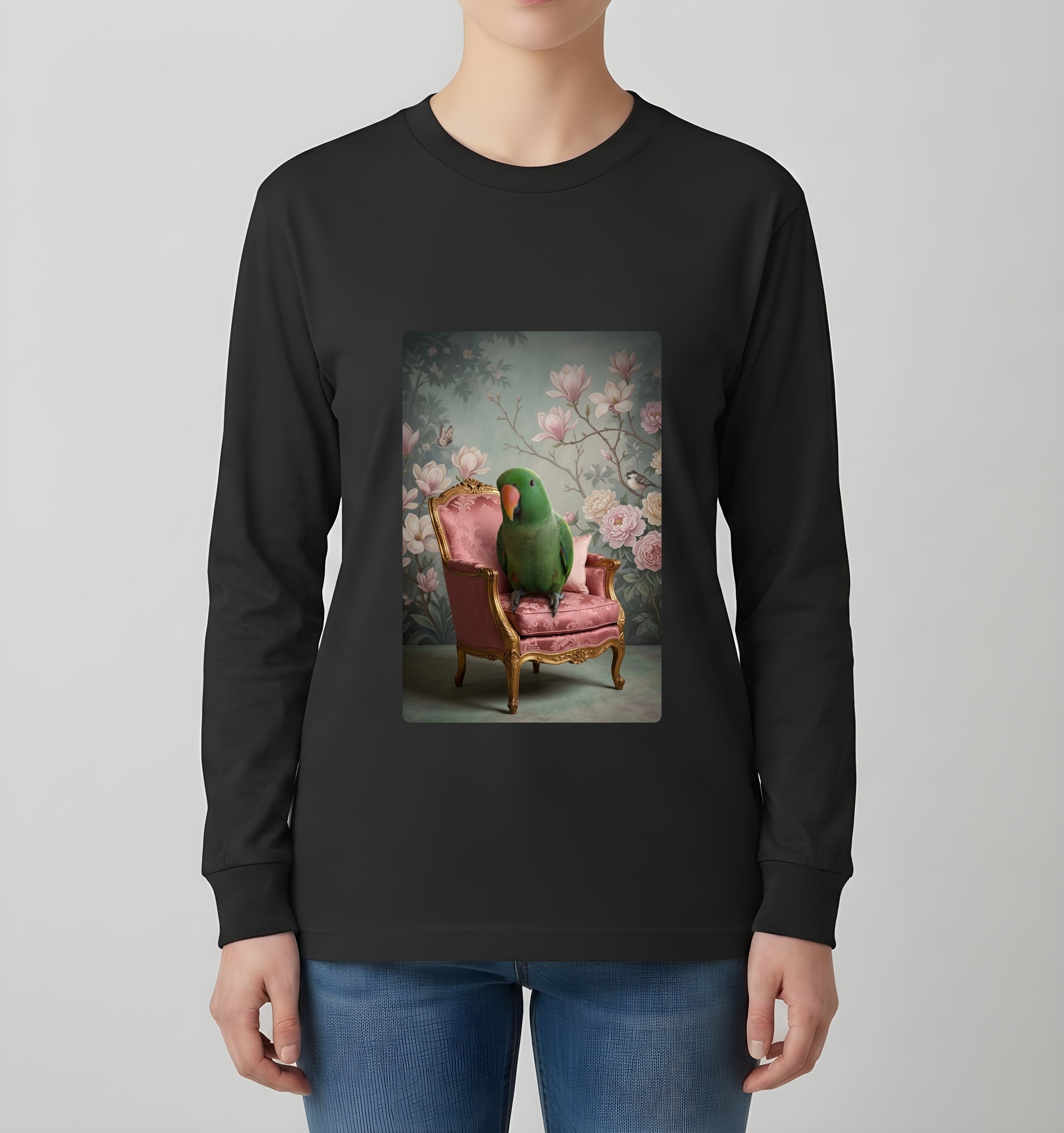 オオハナインコのシャビーピンクの油絵風アートロココ調長袖Tシャツ(ブラック)(4枚目)