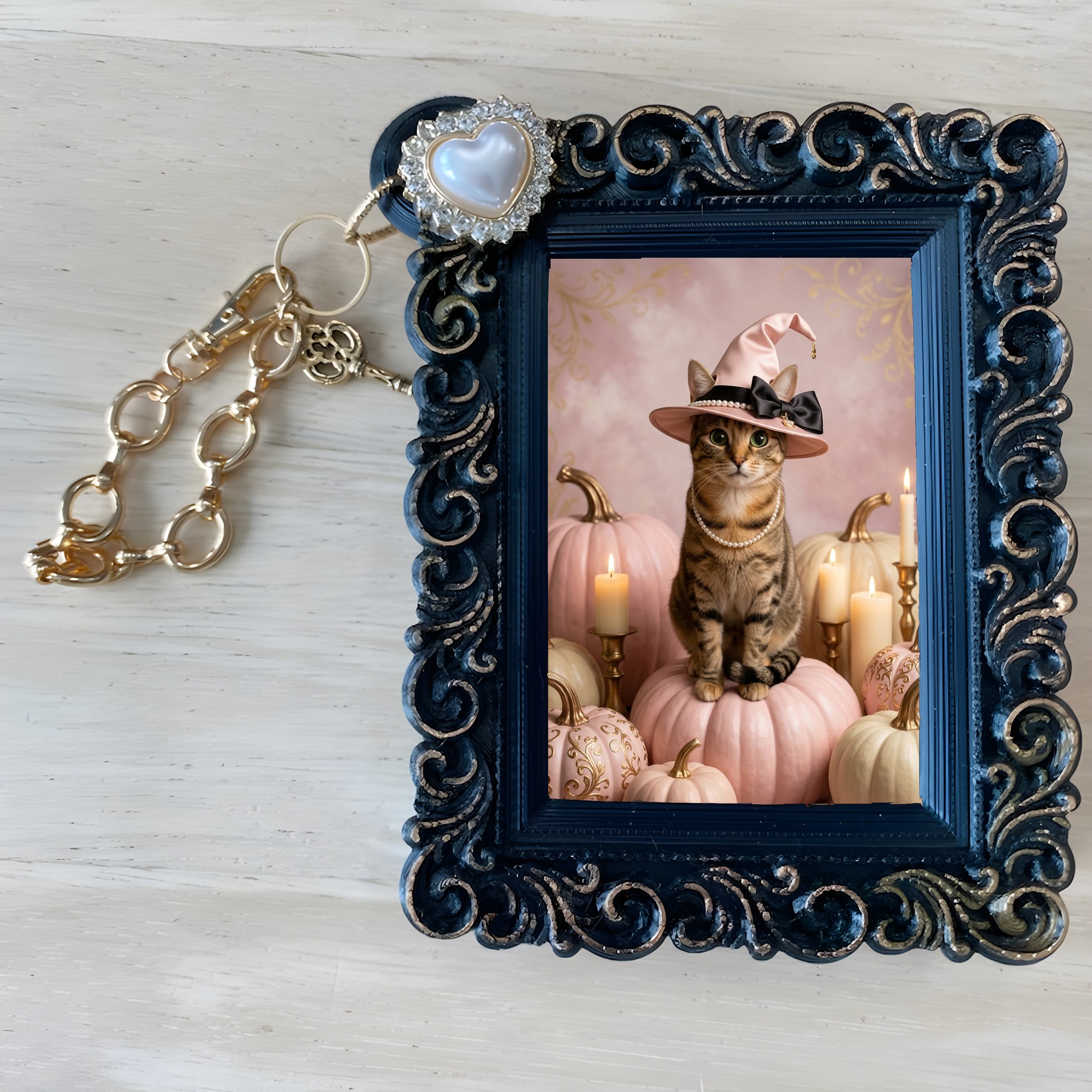 猫のかぼちゃとキャンドルの油絵風アートハロウィンバッグチャーム（ブラック）（4枚目）