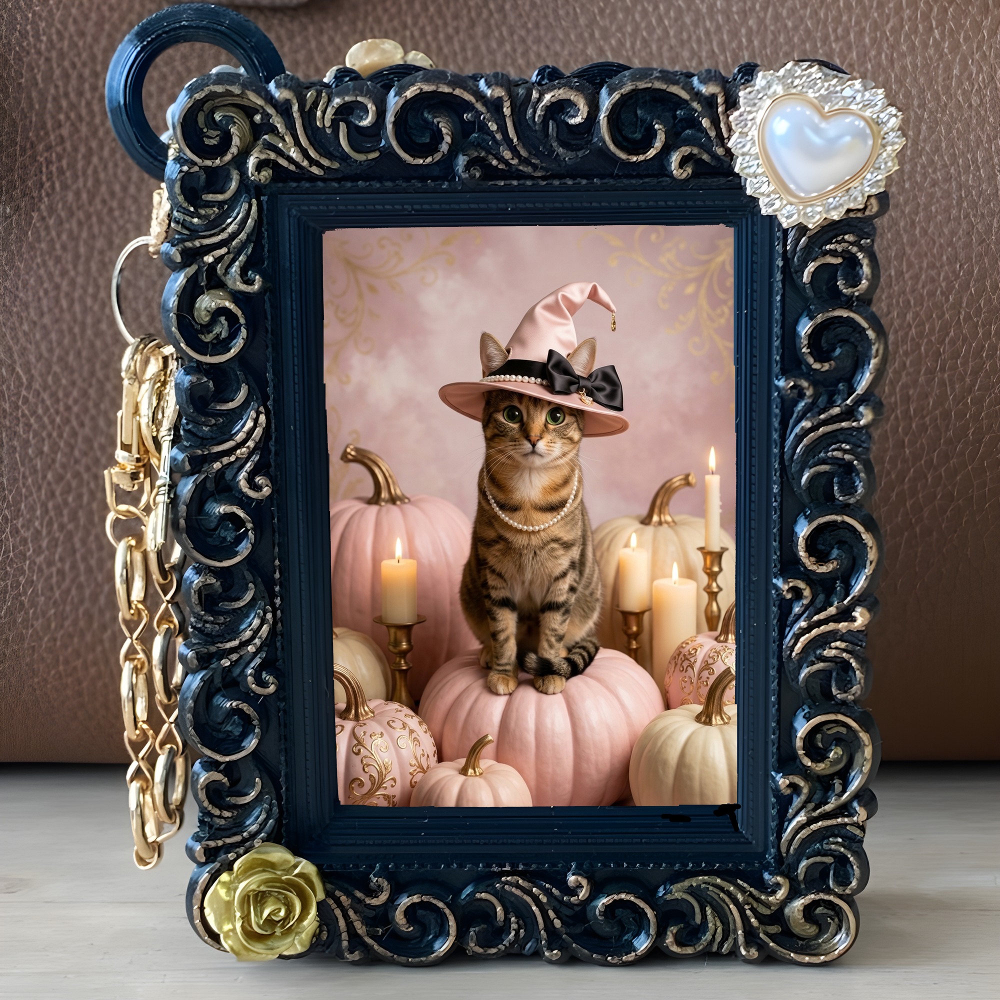 猫のかぼちゃとキャンドルの油絵風アートハロウィンバッグチャーム（ブラック）（5枚目）